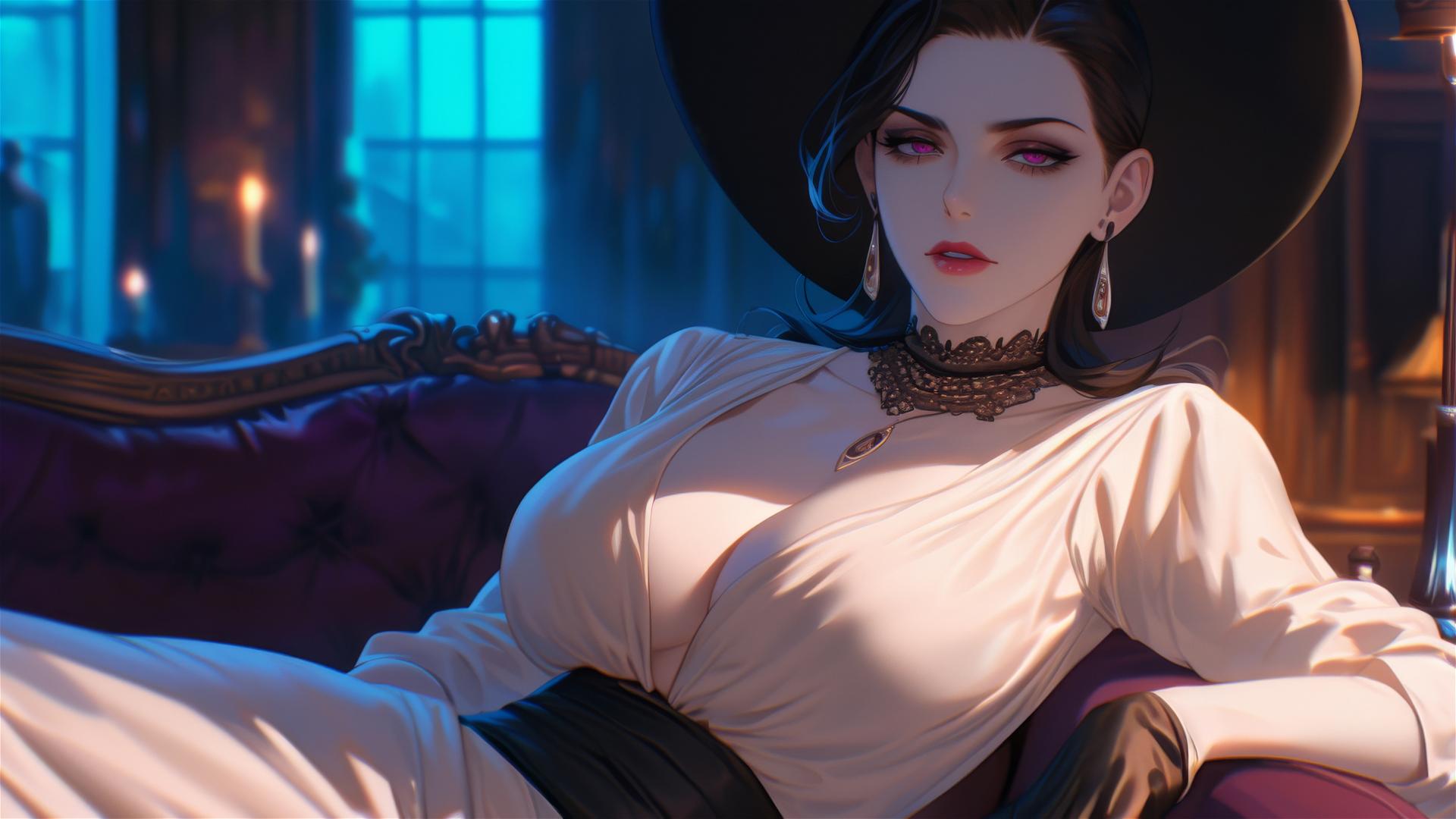Lady Dimitrescu resting on a modern hotel bed with moonlight glow