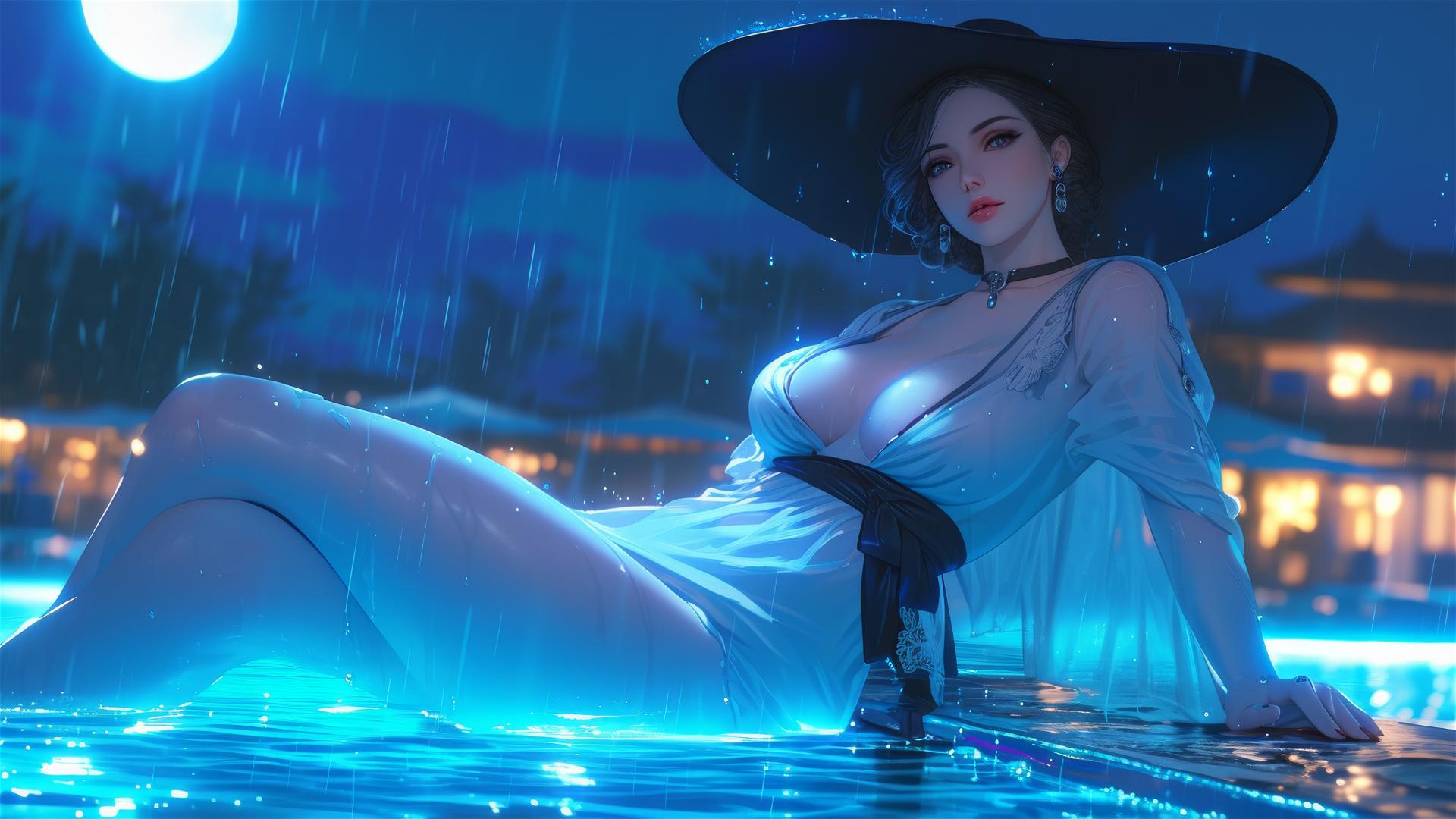 Lady Dimitrescu resting by a rainy pool with moonlight casting a glow.