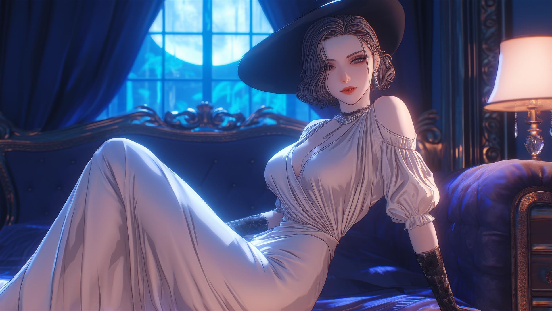 Lady Dimitrescu resting on a modern hotel bed with moonlight glow