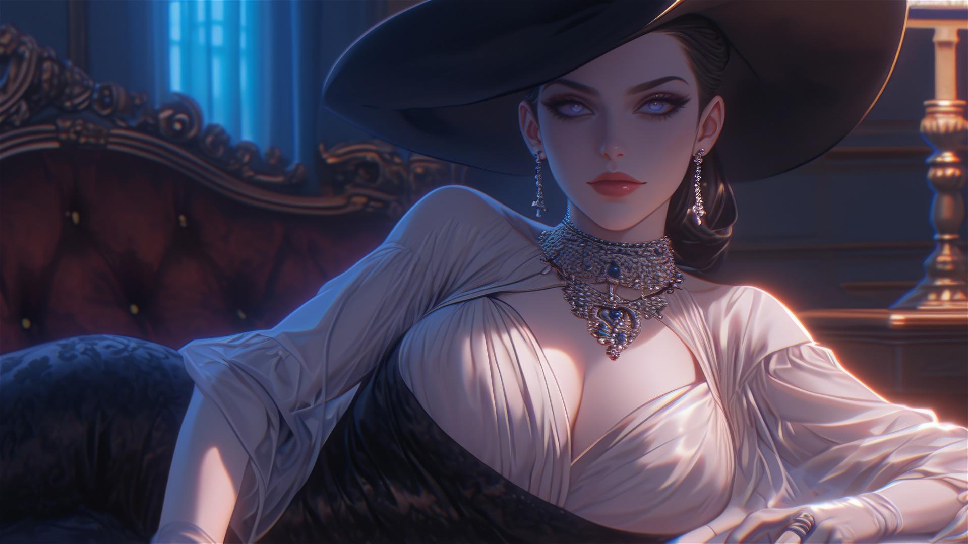 Lady Dimitrescu resting on modern hotel bed with moonlight glow