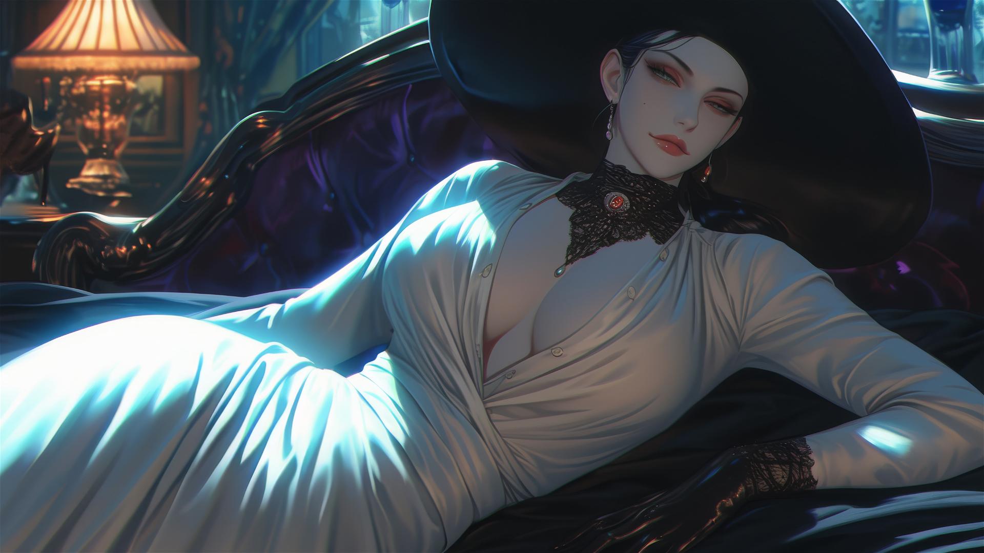 Lady Dimitrescu resting on a modern hotel bed with moonlight glow