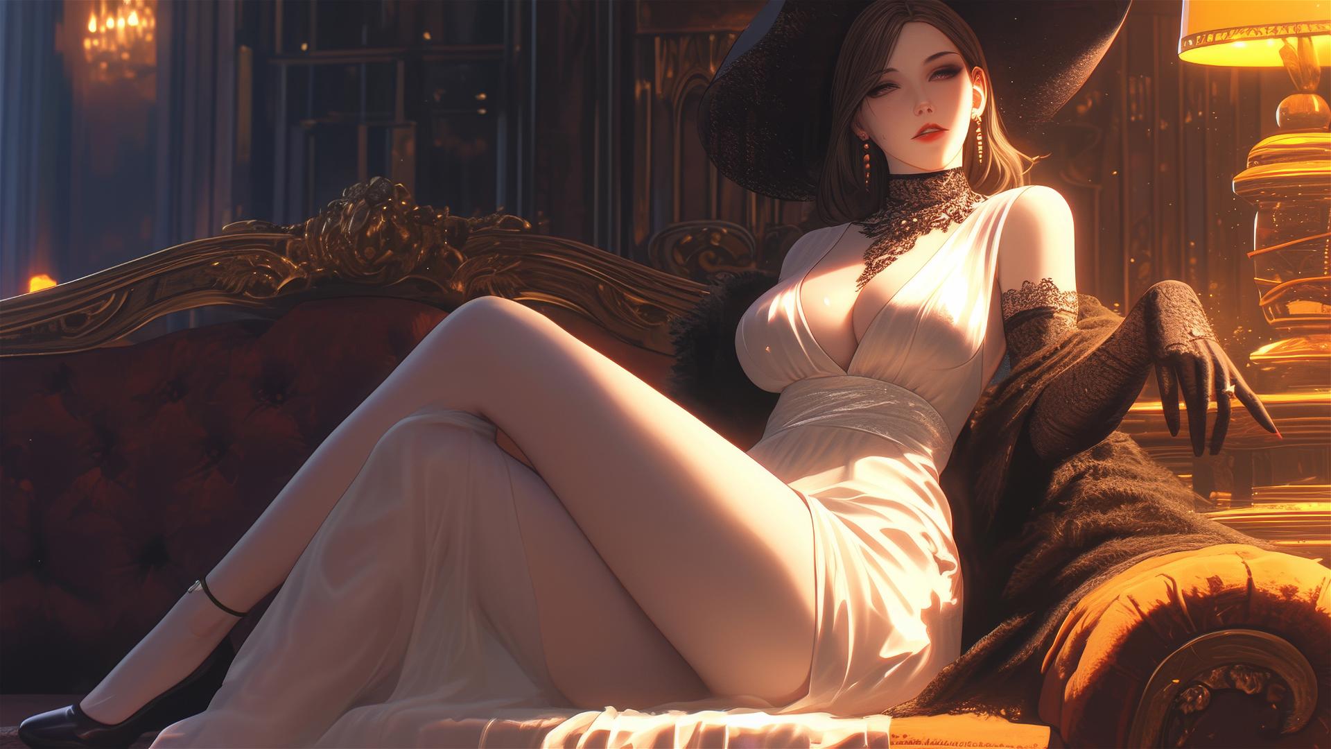 Lady Dimitrescu resting in modern hotel room with moonlight glow