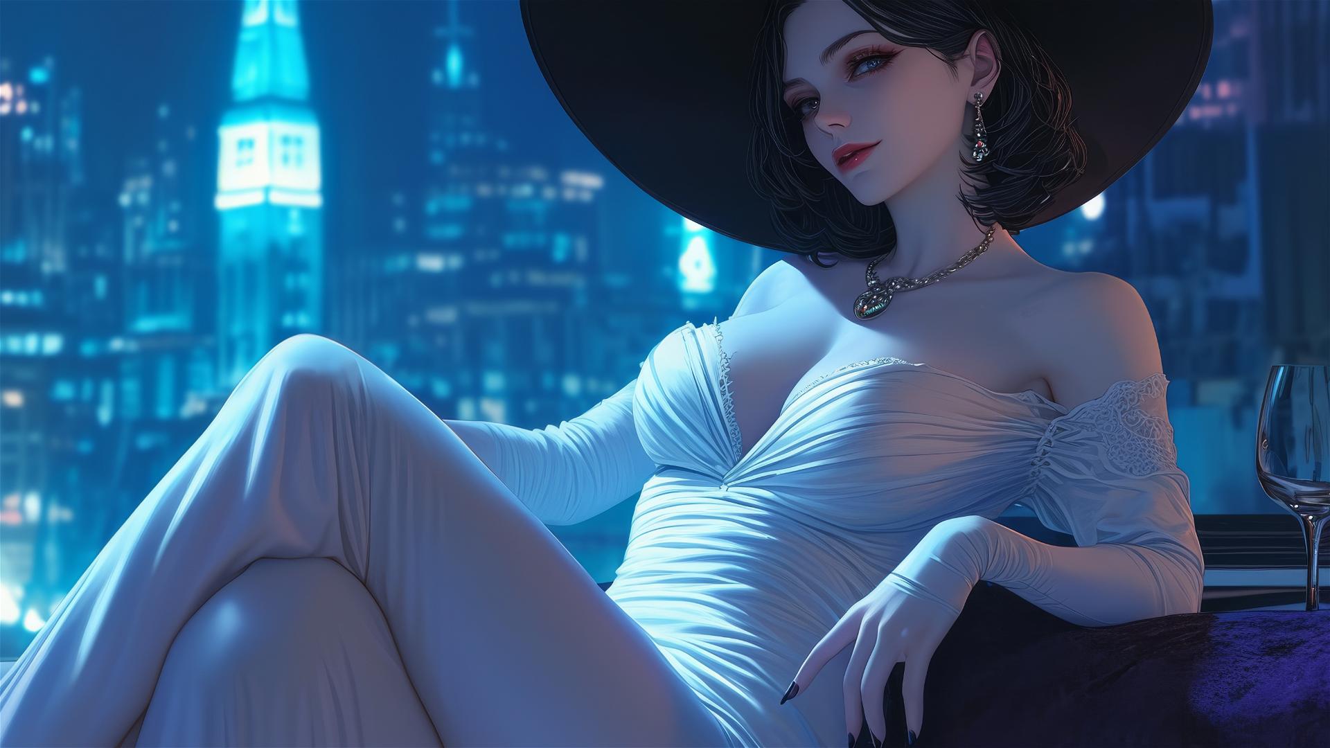 Lady Dimitrescu resting in a modern hotel room, illuminated by moonlight.