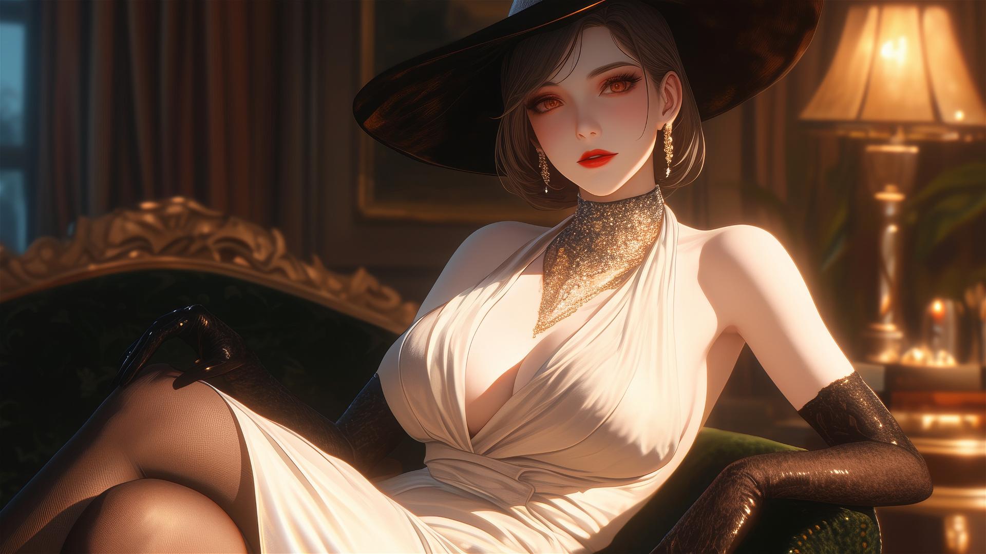 Lady Dimitrescu from Resident Evil resting in a moonlit modern hotel room.