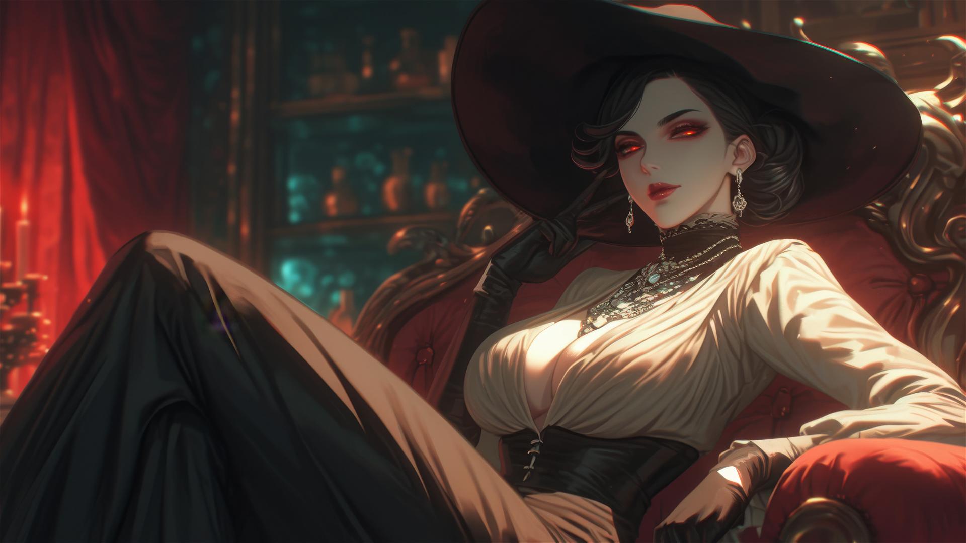 Lady Dimitrescu resting under red moonlight, gothic elegance, horror beauty