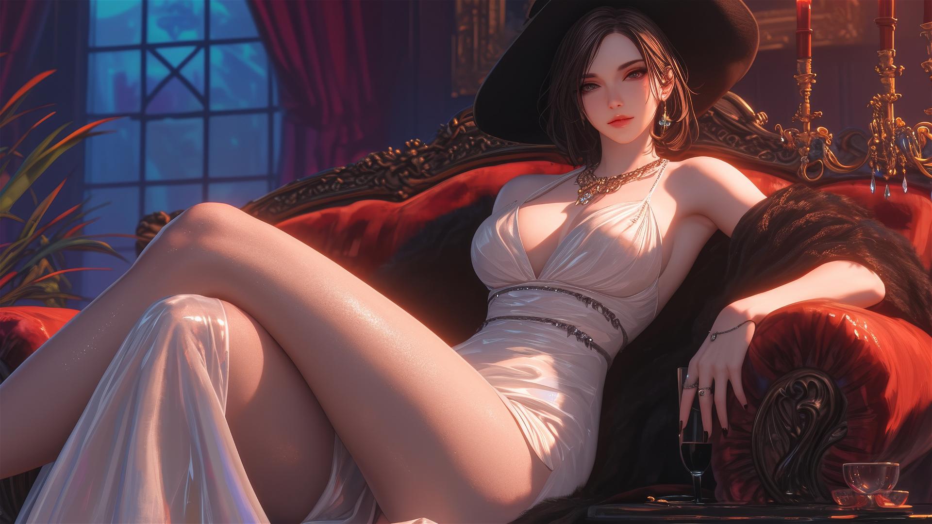 Lady Dimitrescu from Resident Evil rests under red moonlight, gothic atmosphere