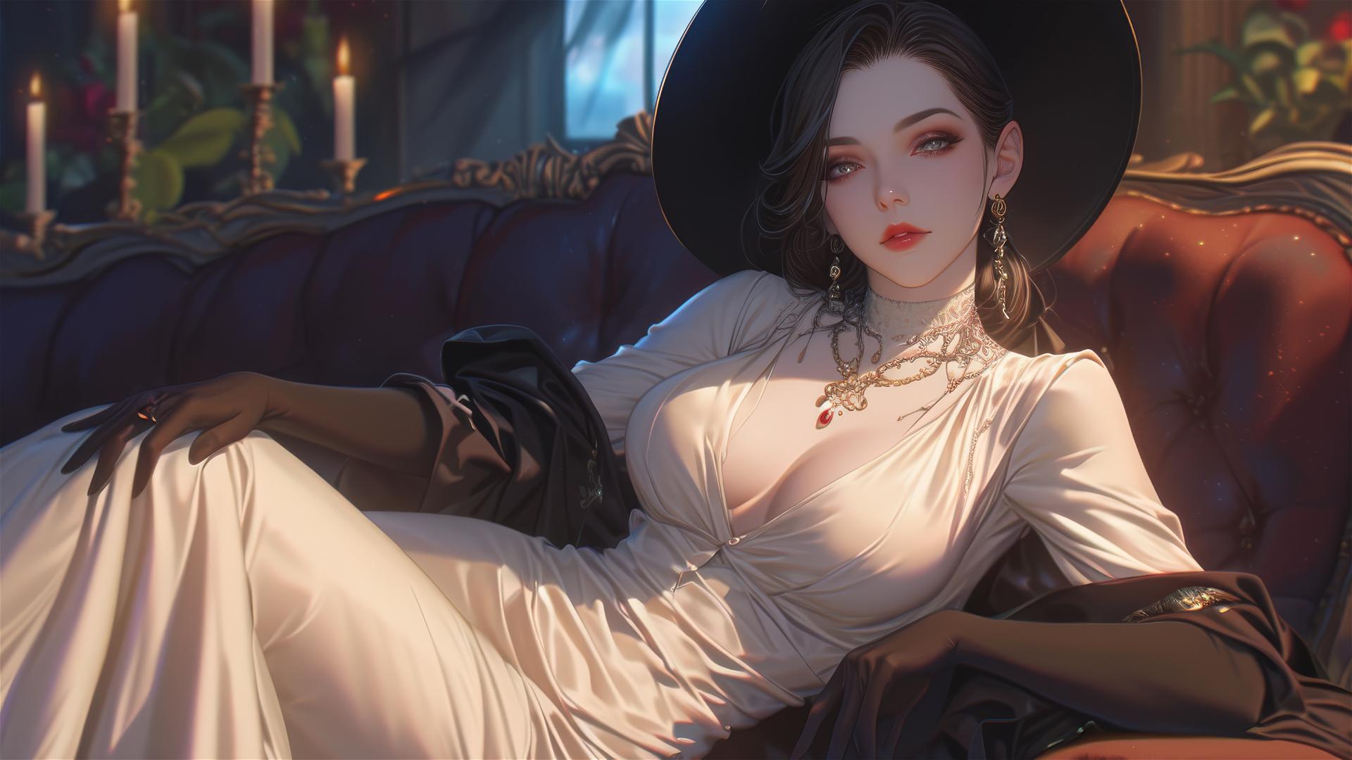 Lady Dimitrescu resting on a modern hotel bed with moonlight glow