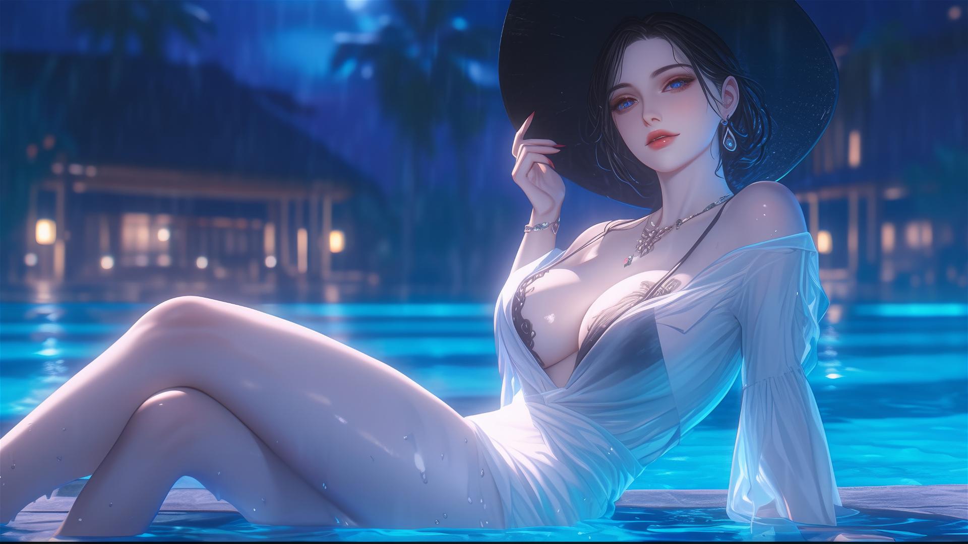Lady Dimitrescu resting at a rainy swimming pool, moonlight glow, pale skin, gothic.