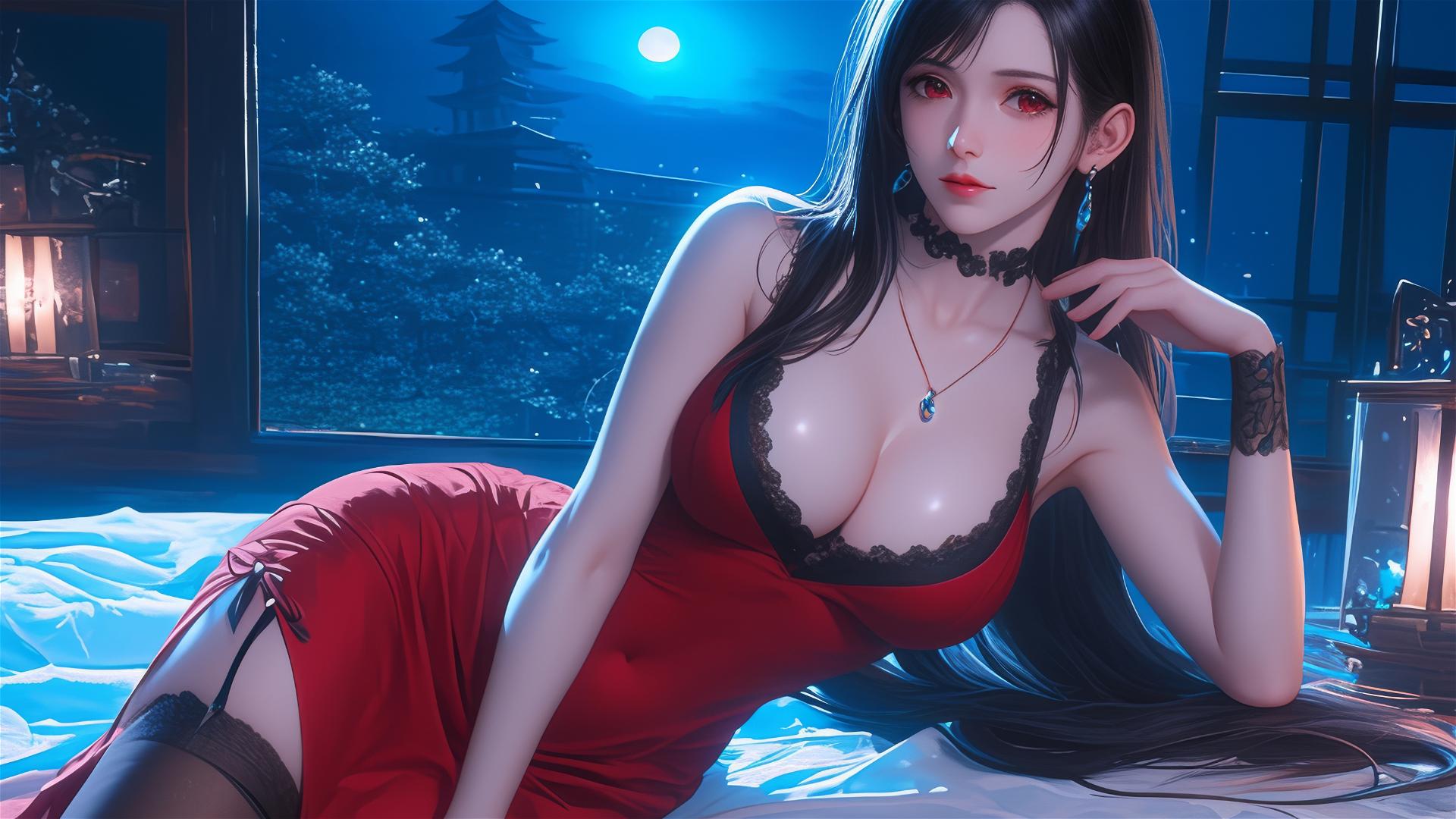 Tifa Lockhart in bold dress relaxing in moonlit room