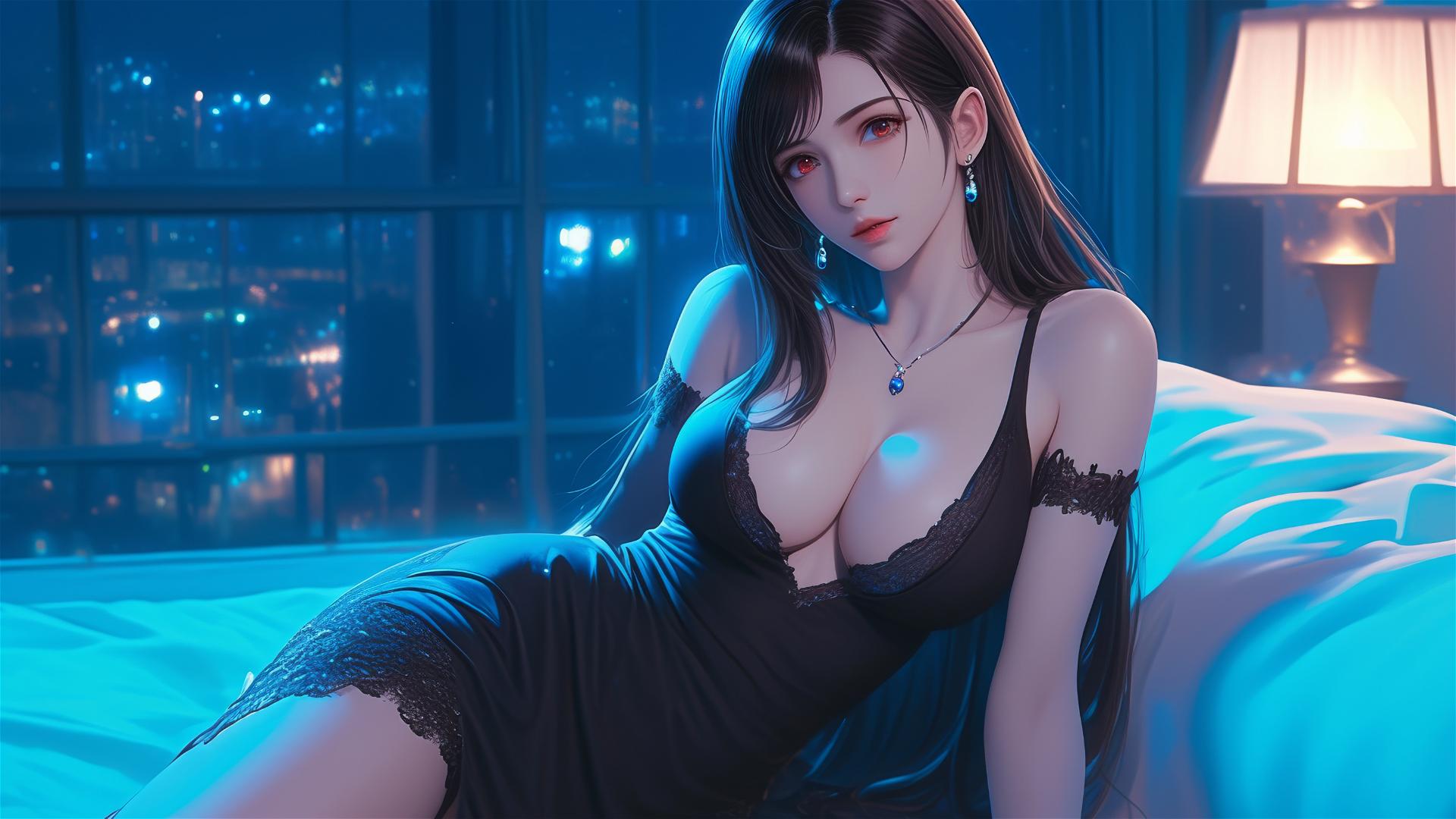 Tifa Lockhart in bold dress, resting in room with moonlight glow