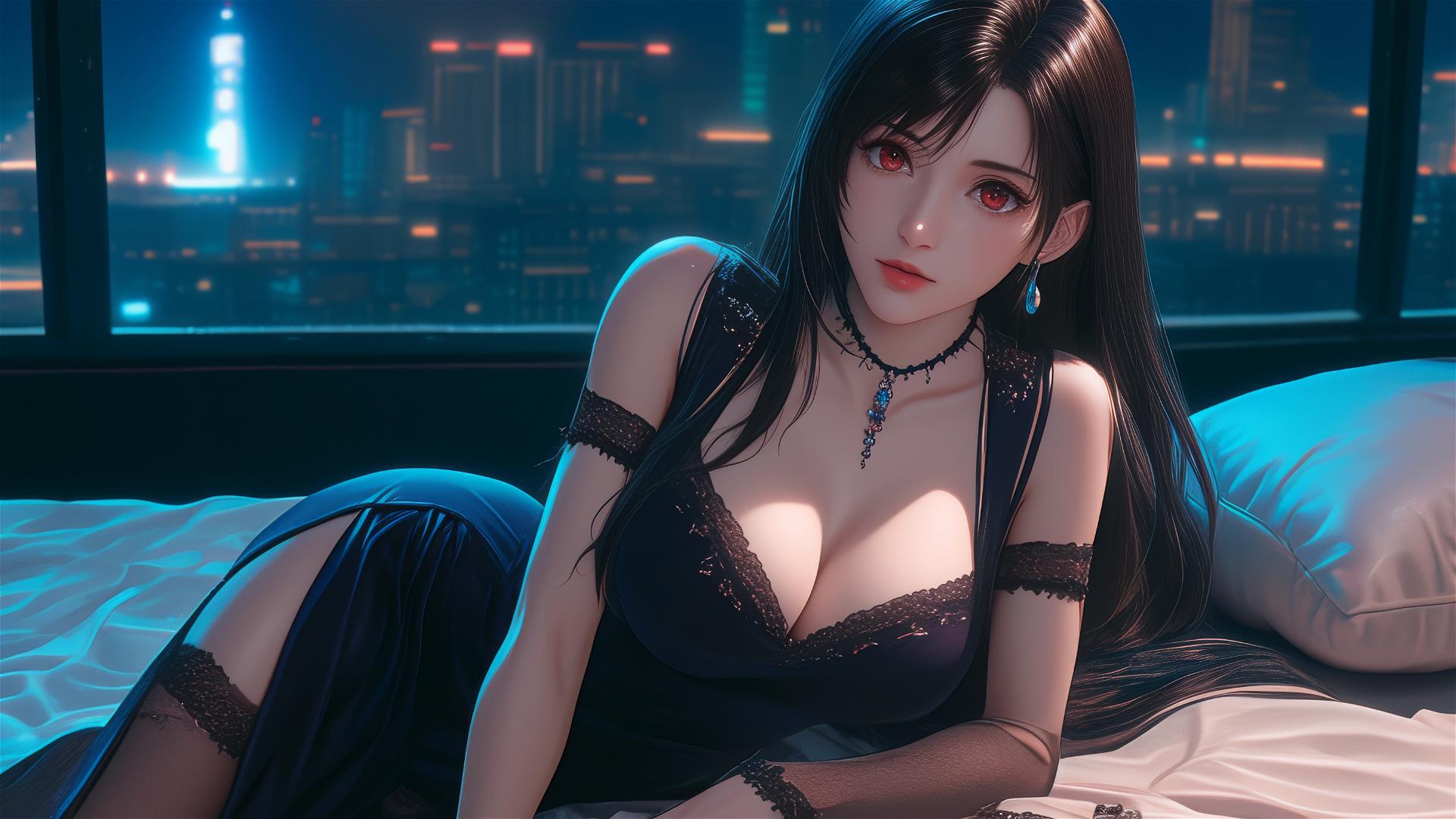 Tifa Lockhart rests in a bold dress with moonlight casting a glow.