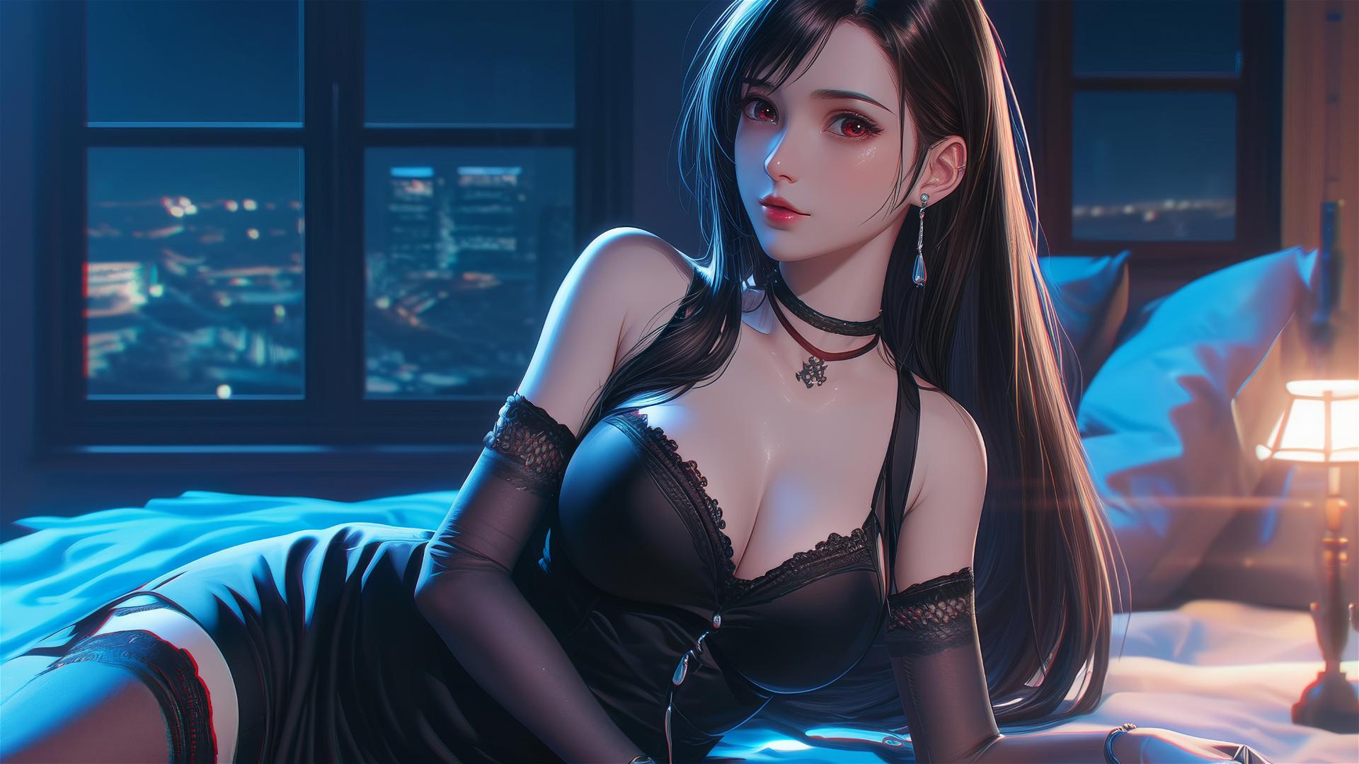 Tifa Lockhart resting in a room with moonlight casting a soft glow
