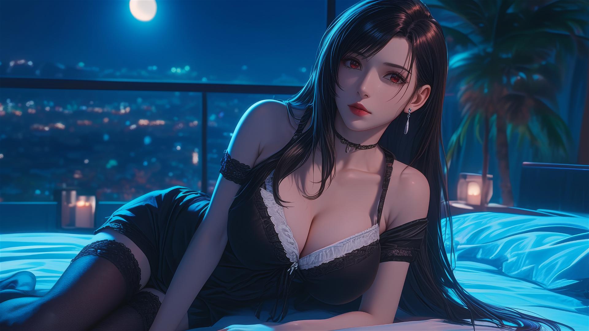 Tifa Lockhart in black pajamas, resting in her room under moonlight