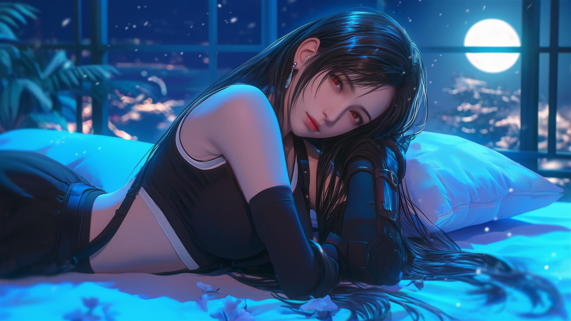 Tifa Lockhart in black pajamas, resting in her moonlit room