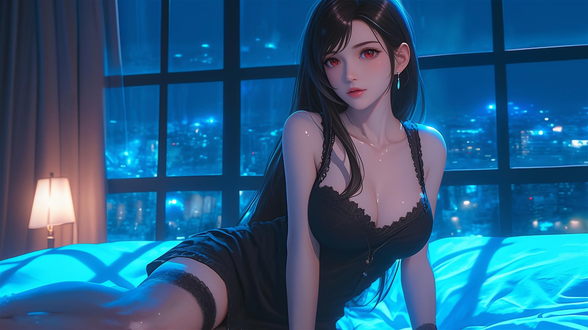 Tifa Lockhart in black pajamas resting in her room with moonlight glow