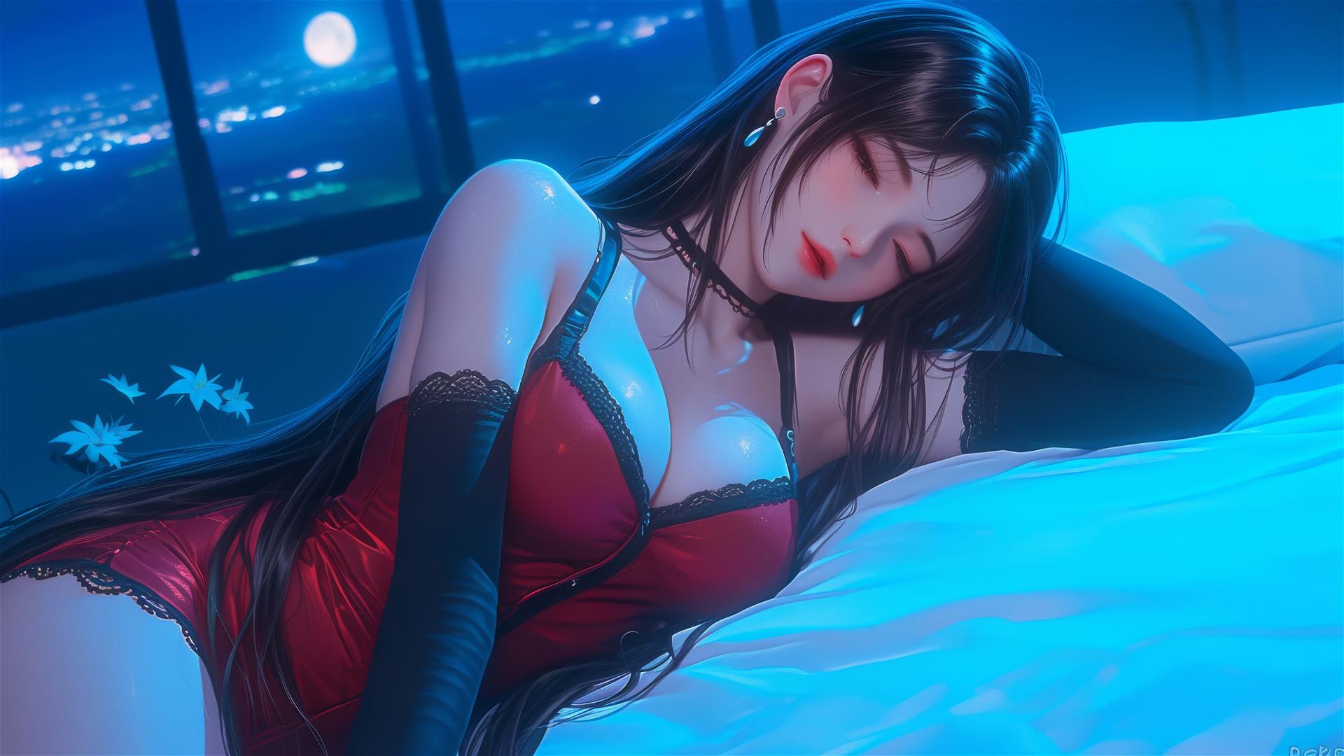 Tifa Lockhart in red pajamas resting with moonlight glow