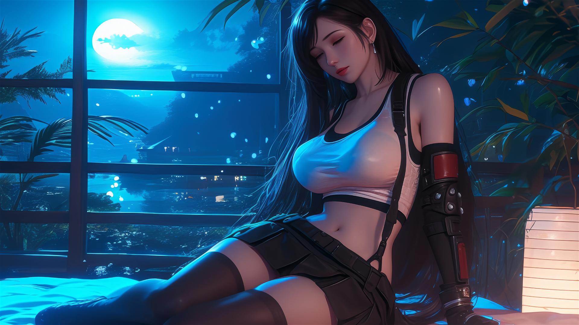Tifa Lockhart resting in her room under moonlight