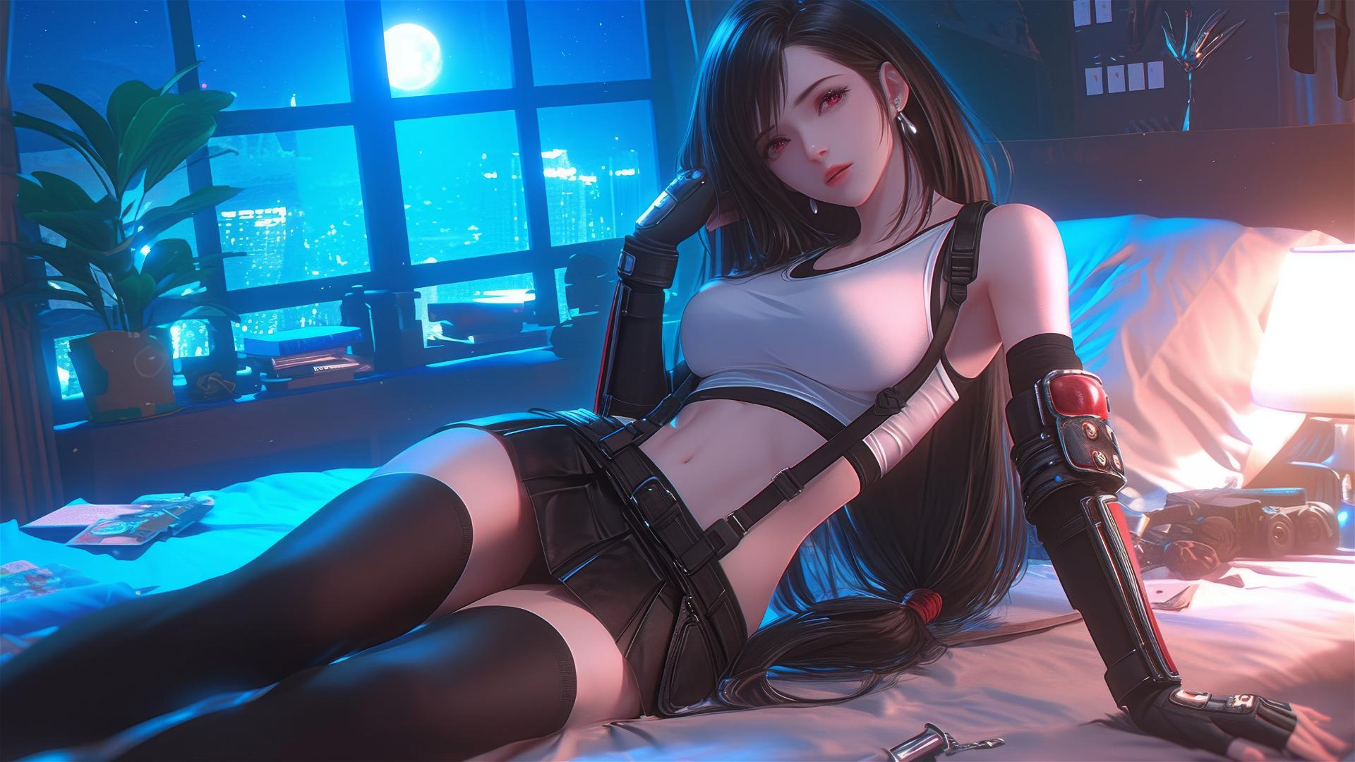 Tifa Lockhart resting in her room under moonlight