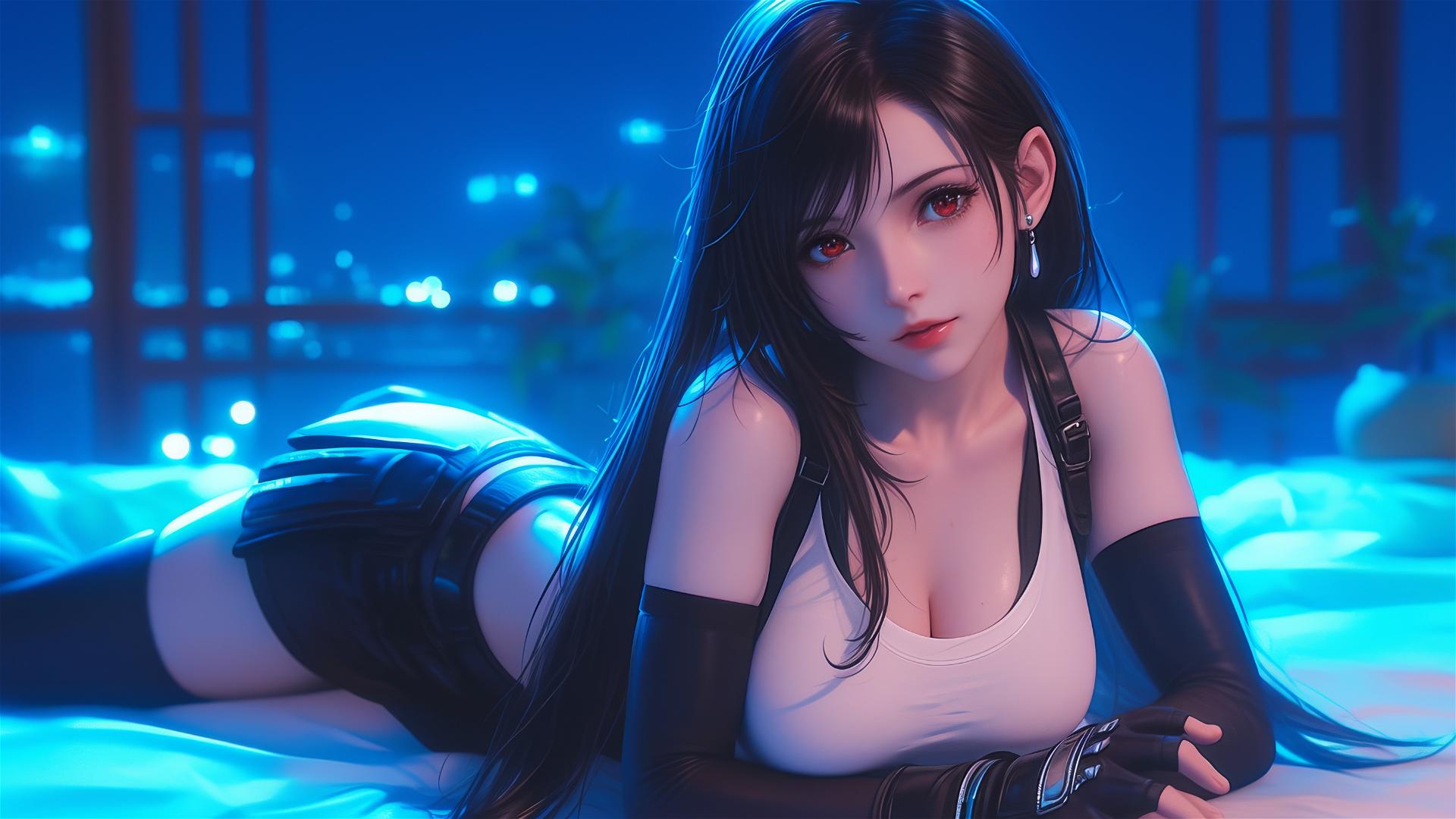 Tifa Lockhart resting in her room, bathed in moonlight.