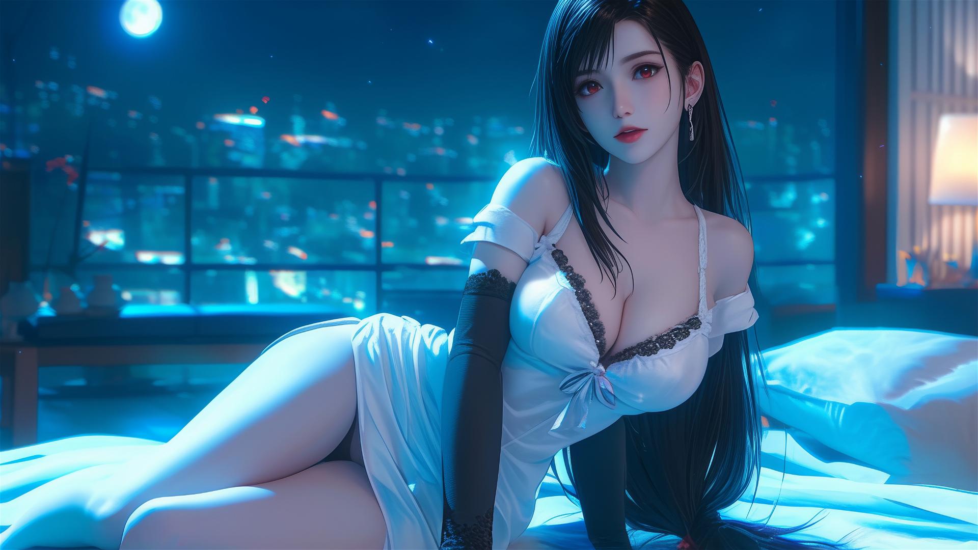 Tifa Lockhart in white pajamas resting in her room with moonlight glow