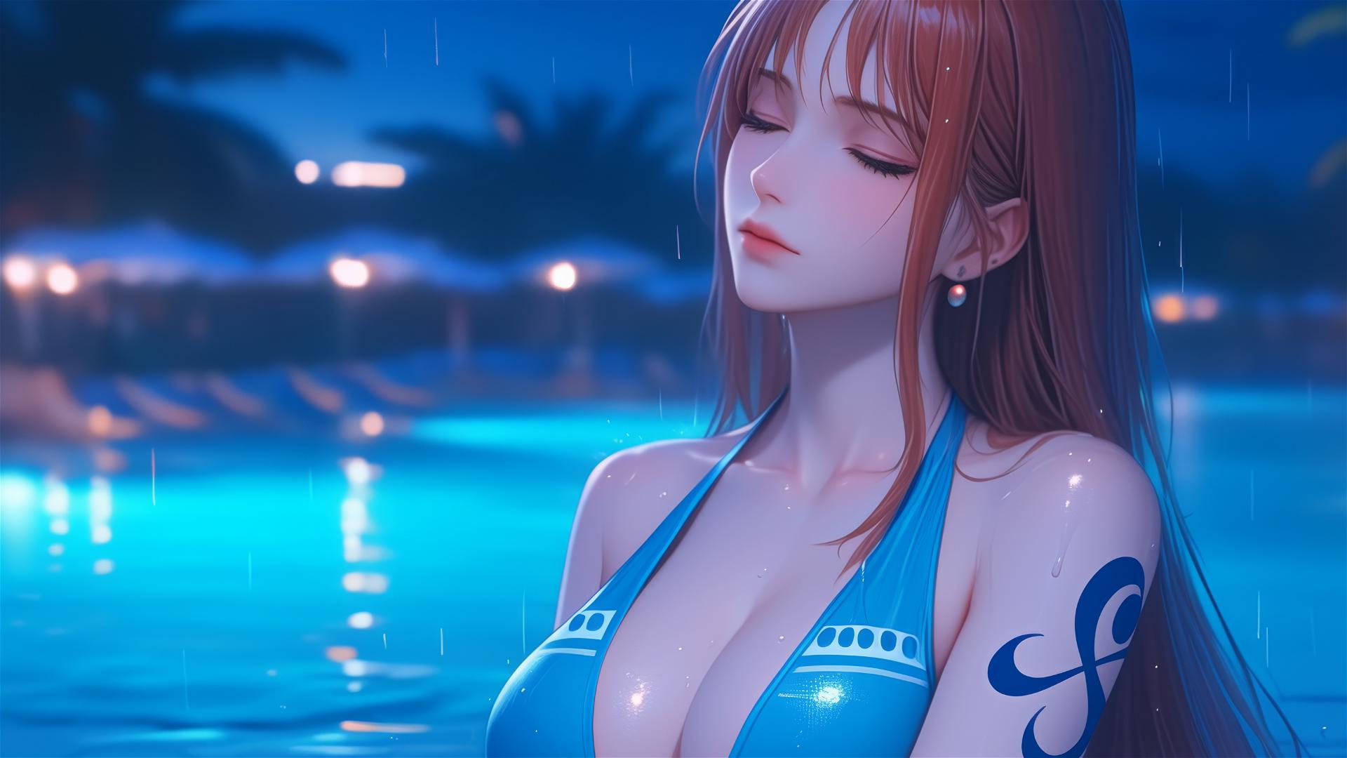 Nami from One Piece resting by a swimming pool under moonlight in a rainy setting.