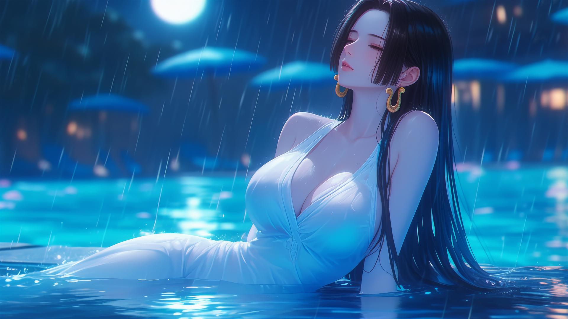 Boa Hancock from One Piece resting by a rainy pool with moonlight glow