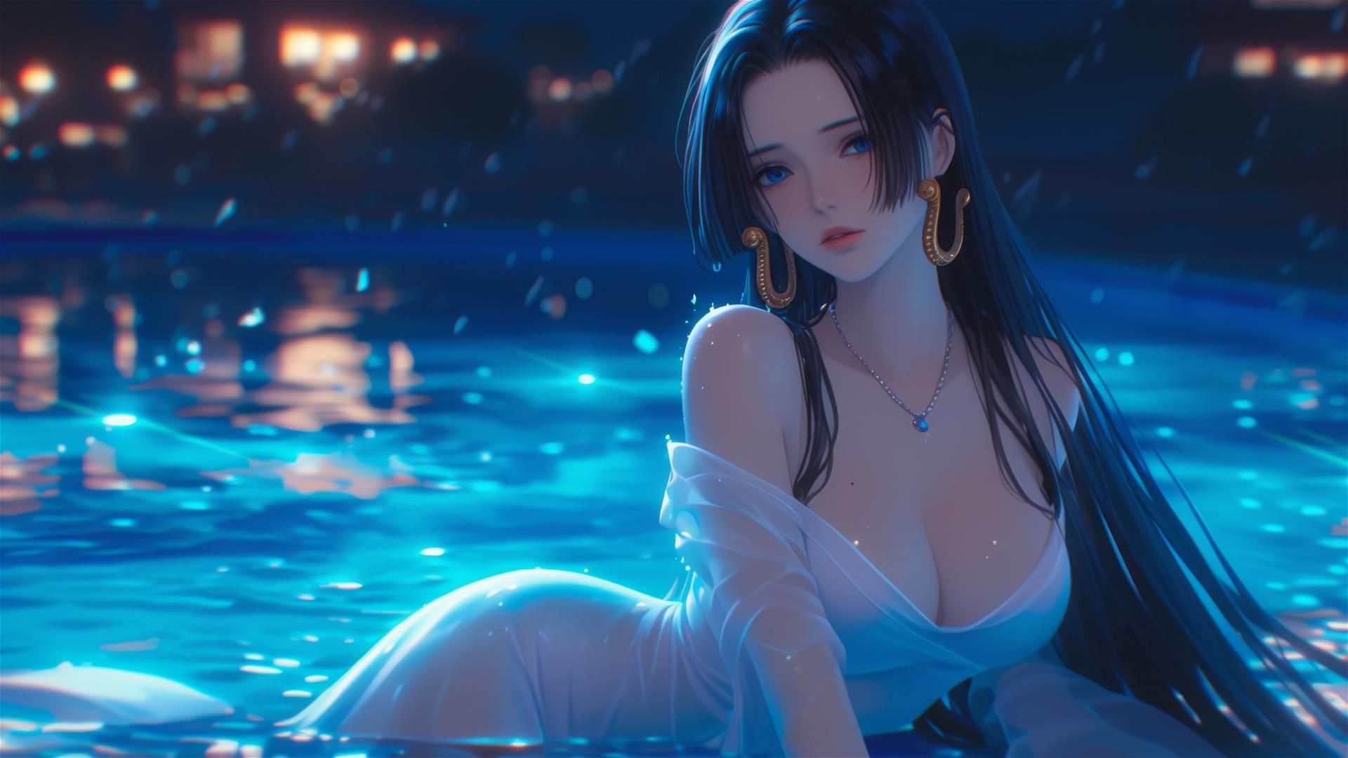 Boa Hancock resting by rainy pool in moonlight, dressed in white