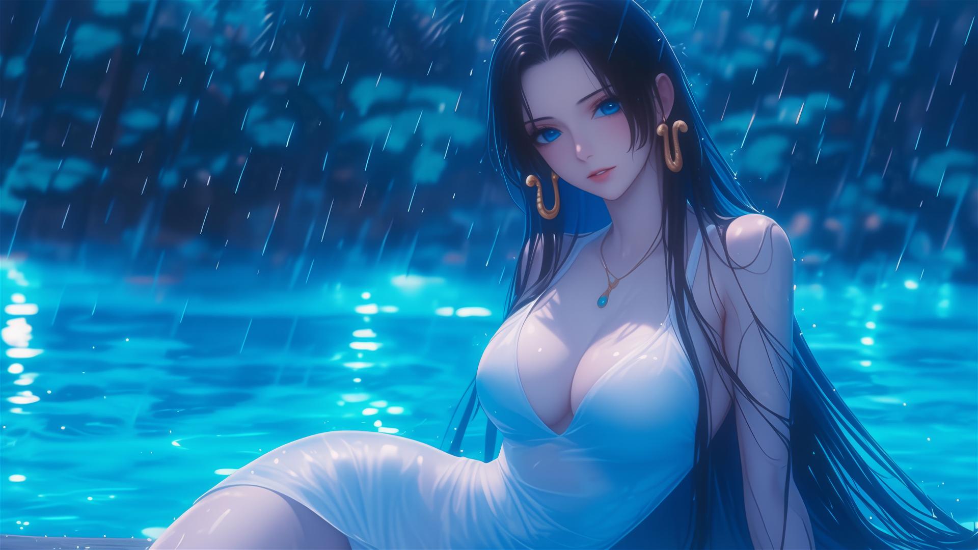 Boa Hancock resting by rainy pool with moonlight
