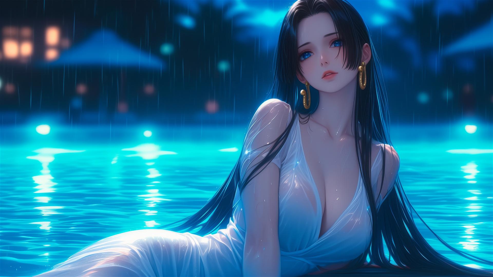 Boa Hancock from One Piece resting by a rainy swimming pool under moonlight in pink dress