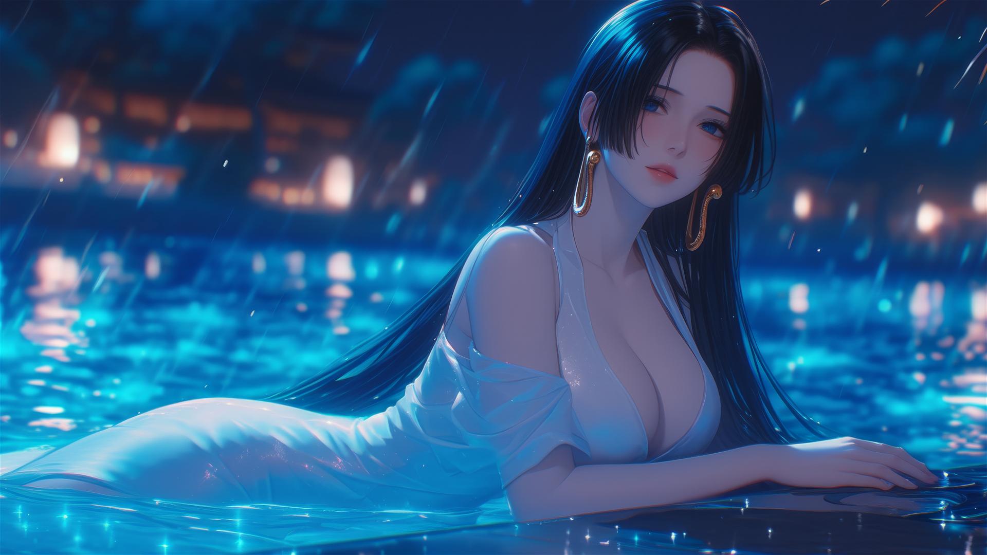 Boa Hancock relaxing by a rainy pool with moonlight and white dress