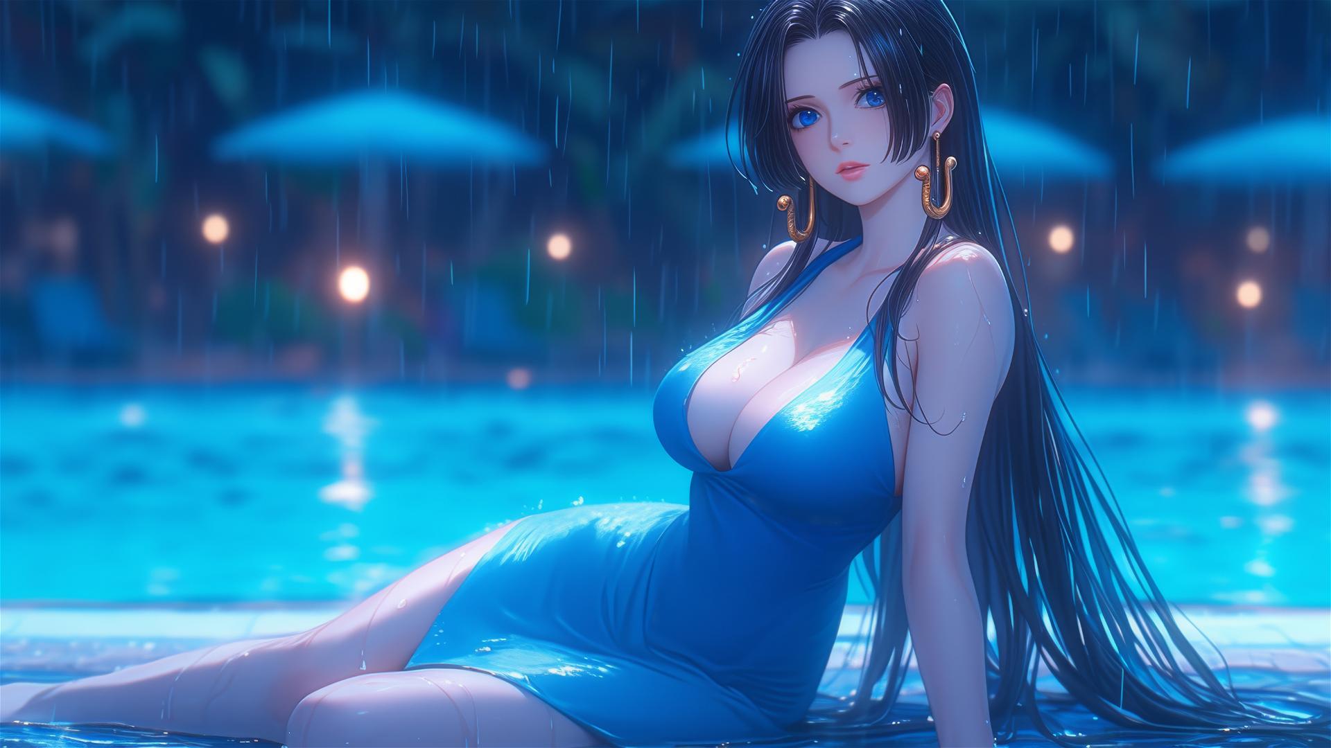 Boa Hancock from One Piece resting by a rainy pool under moonlight