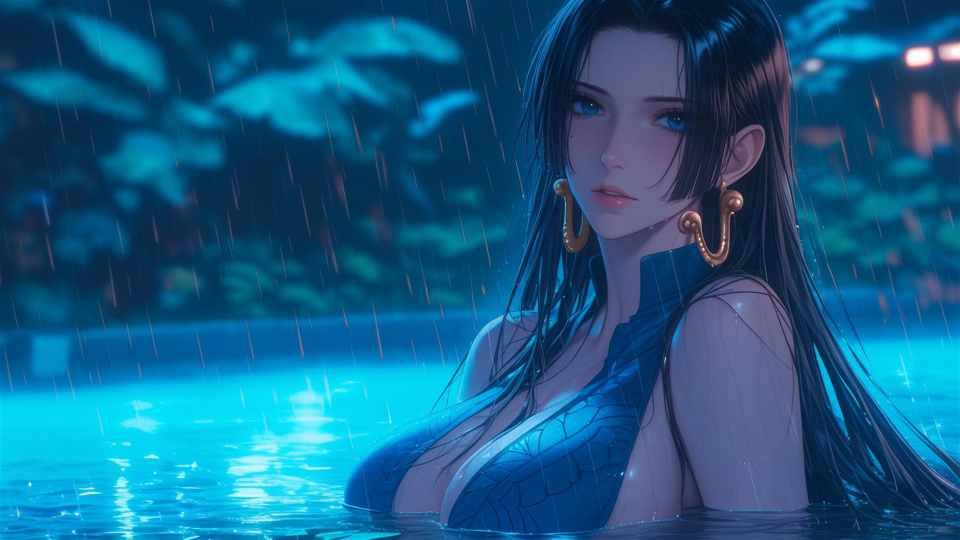 Boa Hancock by a rainy swimming pool, moonlight glow