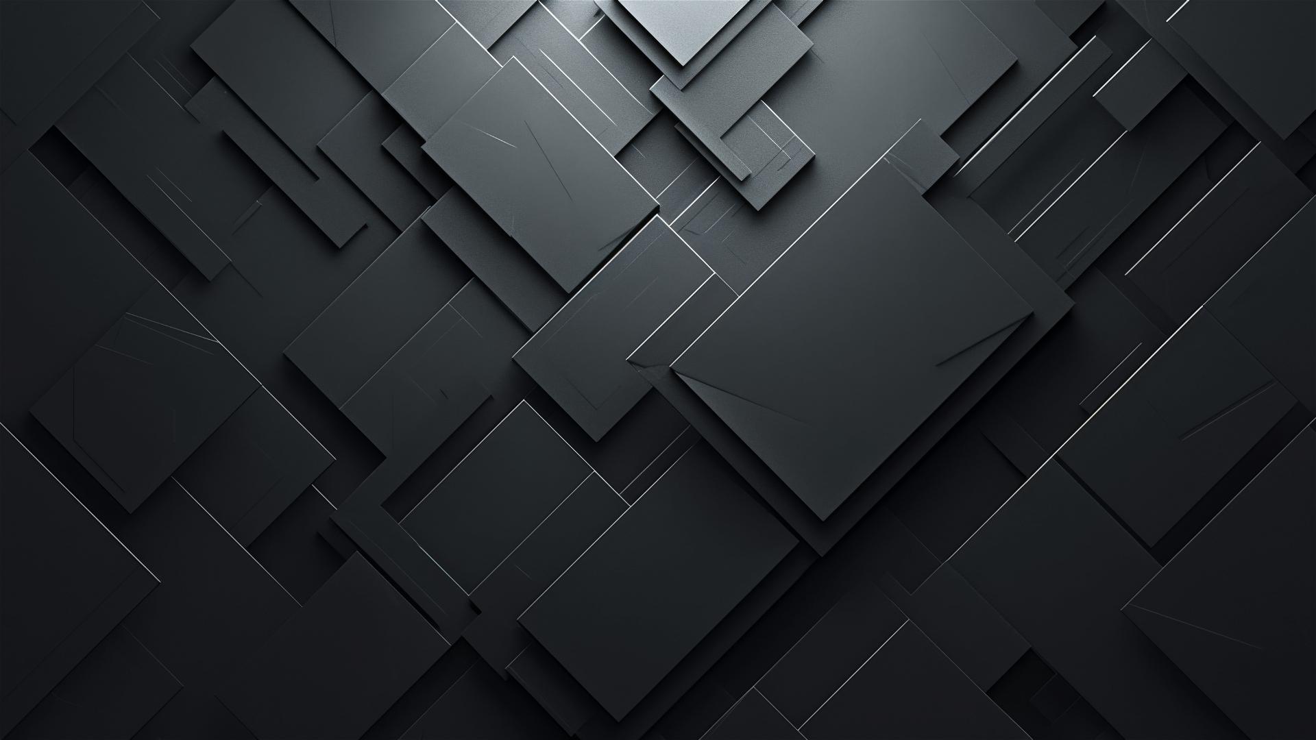 Black abstract monochrome design with symmetrical parallelogram tiles and right lower third lighting.