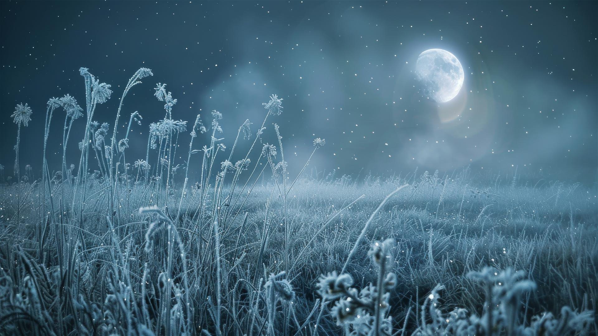 Silvery moonlight on frosted meadow with icy grass and wildflowers.