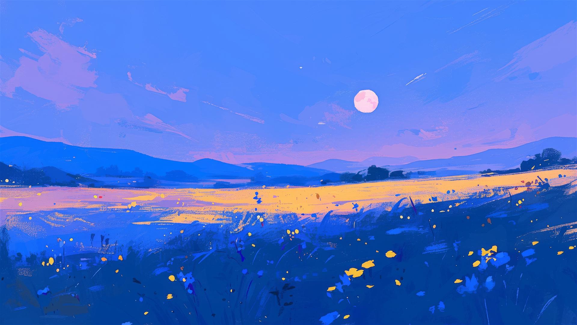 Expansive flower field under a harvest moon