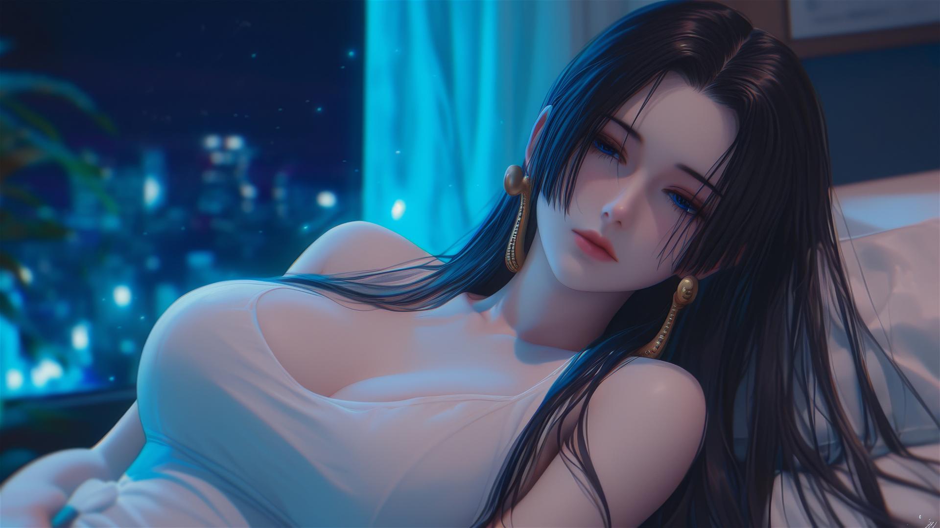 Boa Hancock from One Piece resting in apartment with moonlight glow