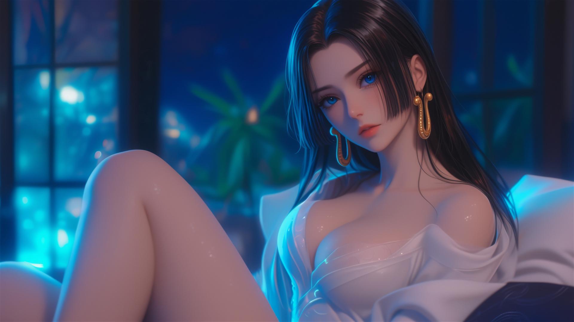 Boa Hancock from One Piece resting in an apartment under moonlight with short hair