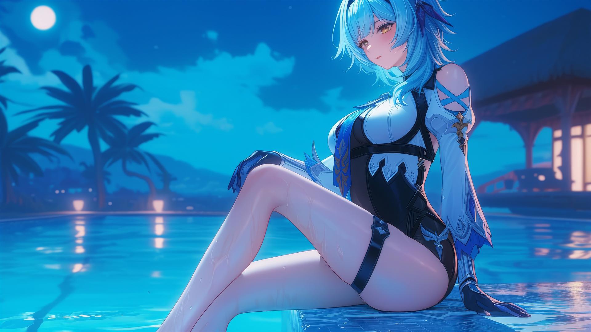 Eula Lawrence from Genshin Impact resting by a swimming pool under moonlight with light blue hair.