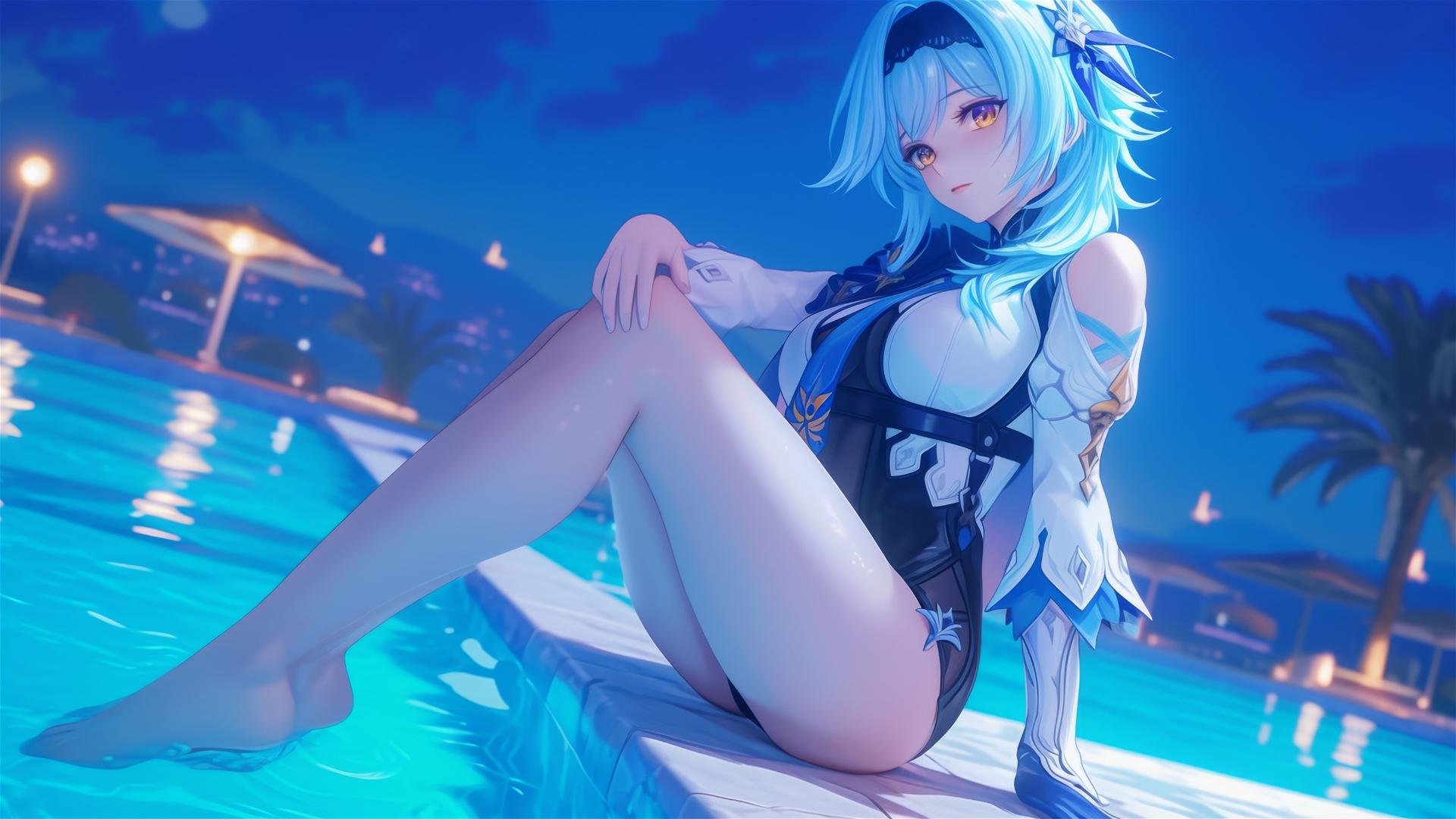 Eula Lawrence resting by a pool under moonlight, with light blue hair