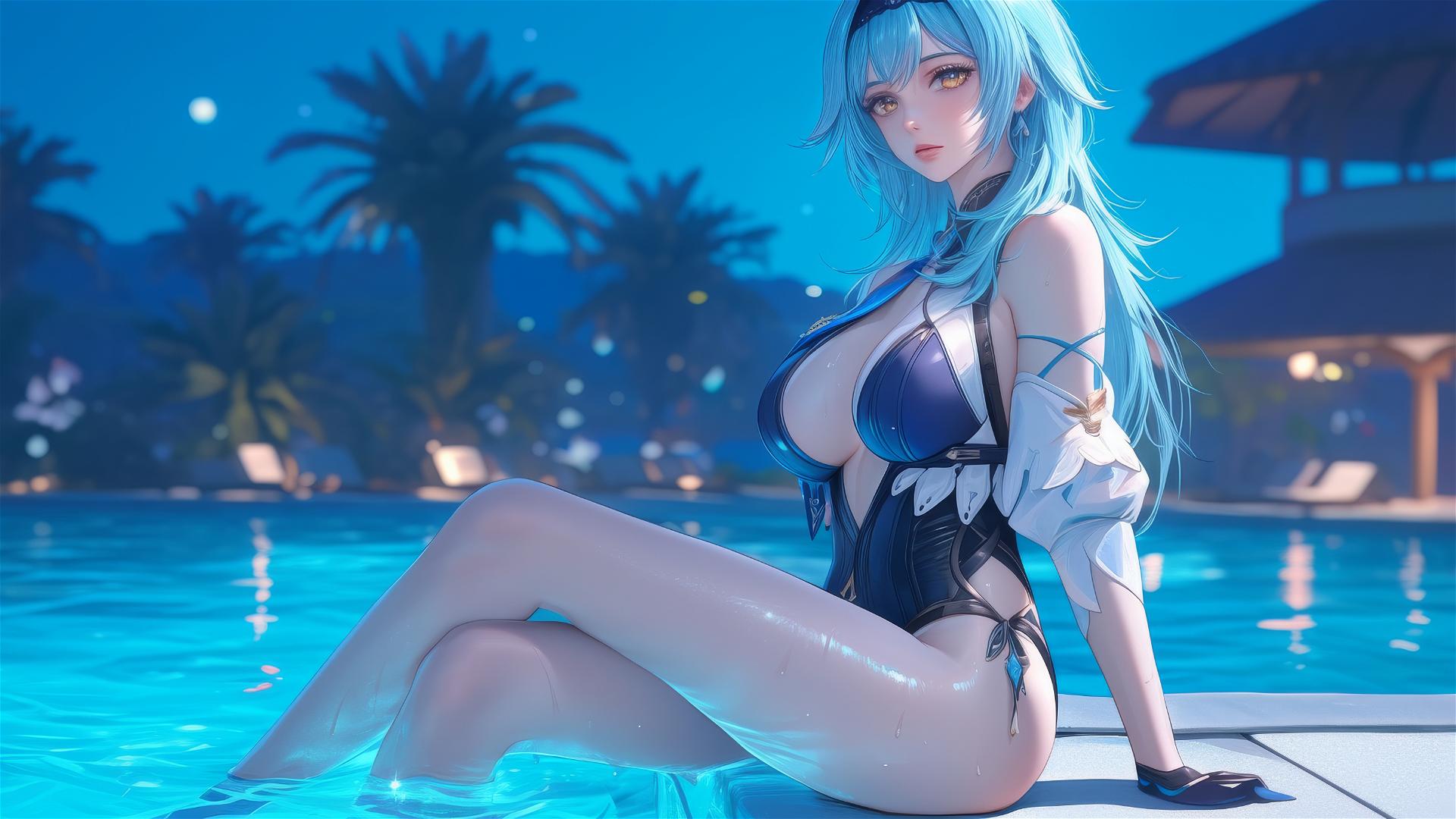 Eula Lawrence from Genshin Impact resting at a swimming pool under moonlight