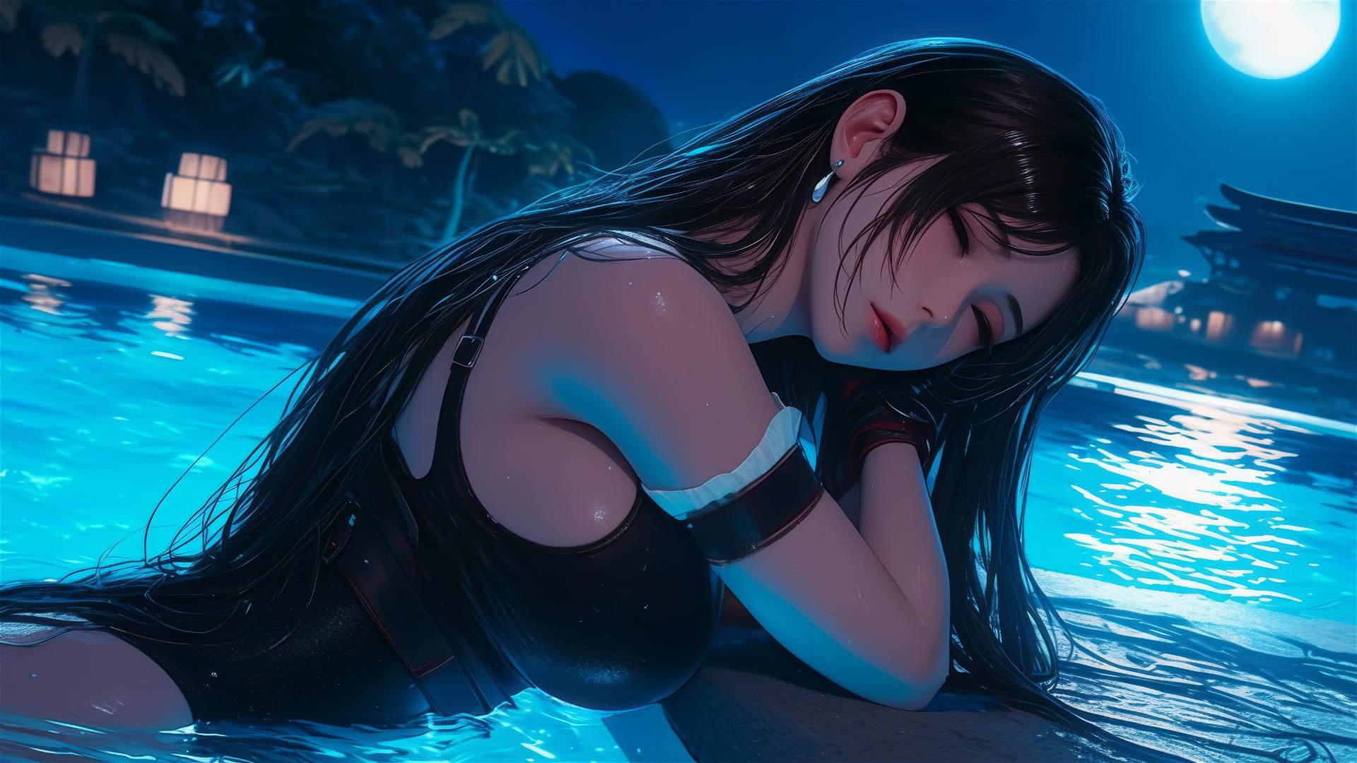 Tifa Lockhart resting by pool under moonlight