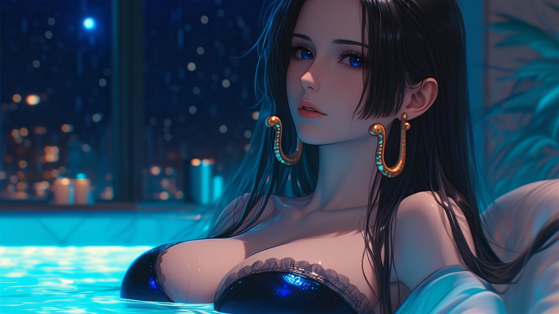 Boa Hancock resting in a tub with moonlight glow