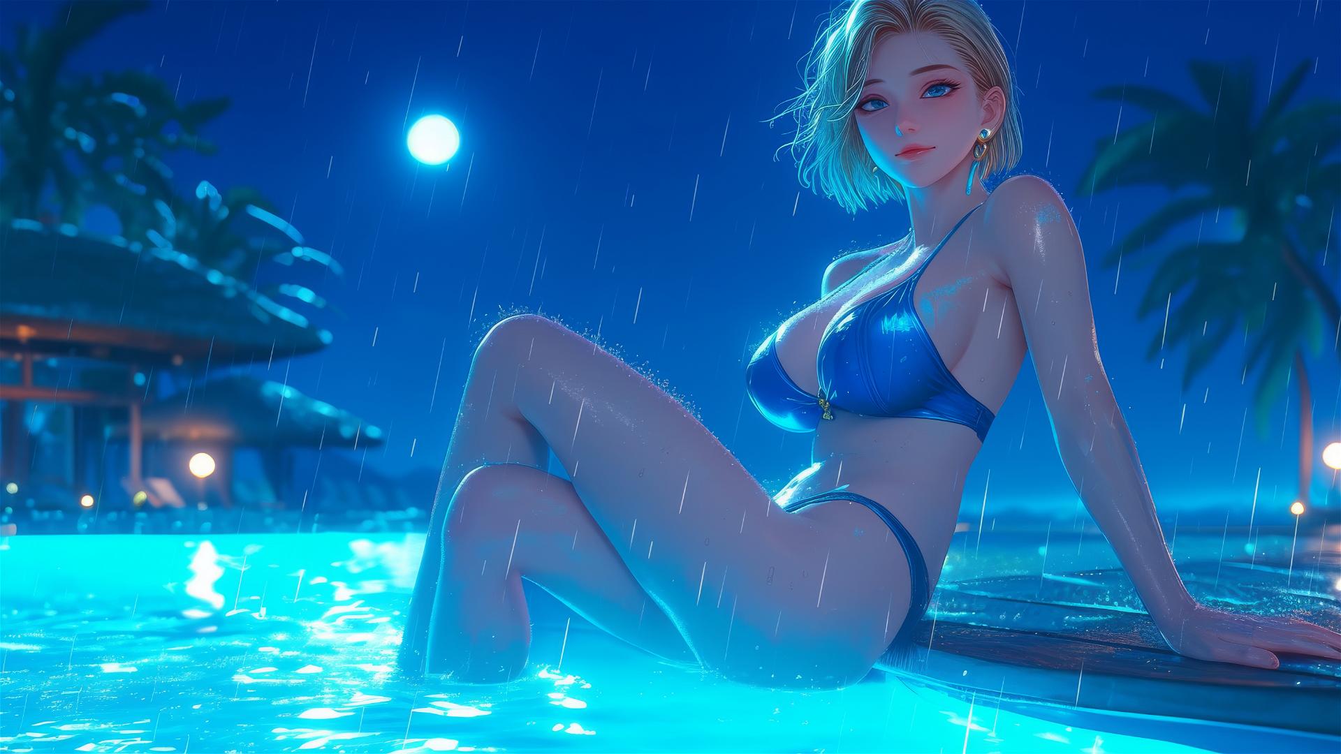 Dragon Ball Android 18 resting by a rainy swimming pool under moonlight