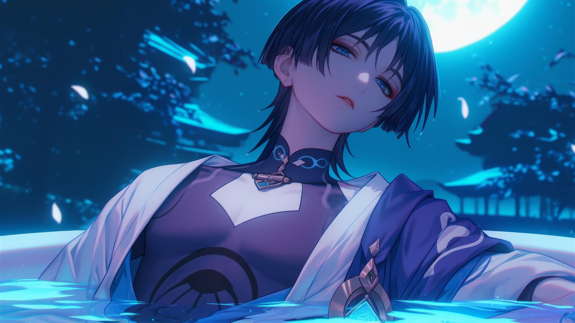 Scaramouche from Genshin Impact with indigo hair and eyes, in a bathtub under moonlight.