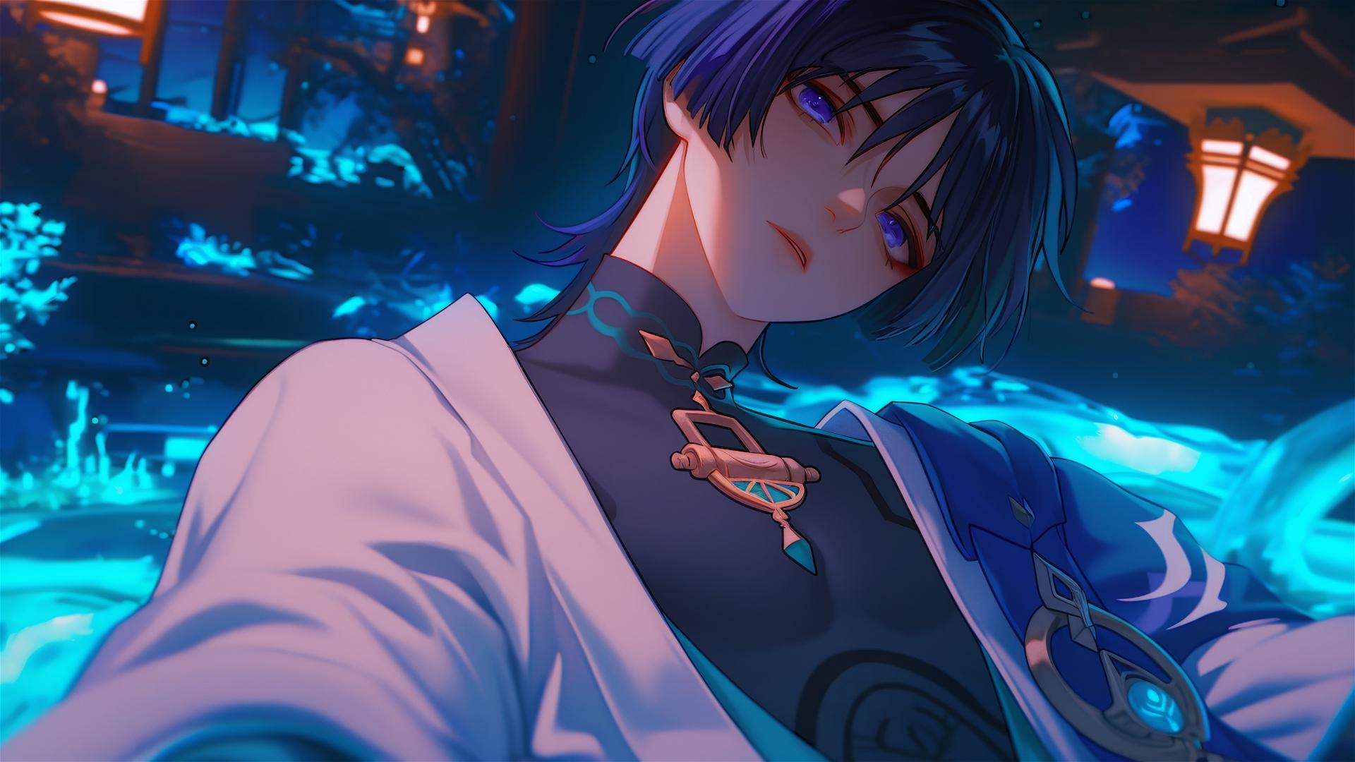 Scaramouche from Genshin Impact with short indigo hair and bold eyeliner, resting