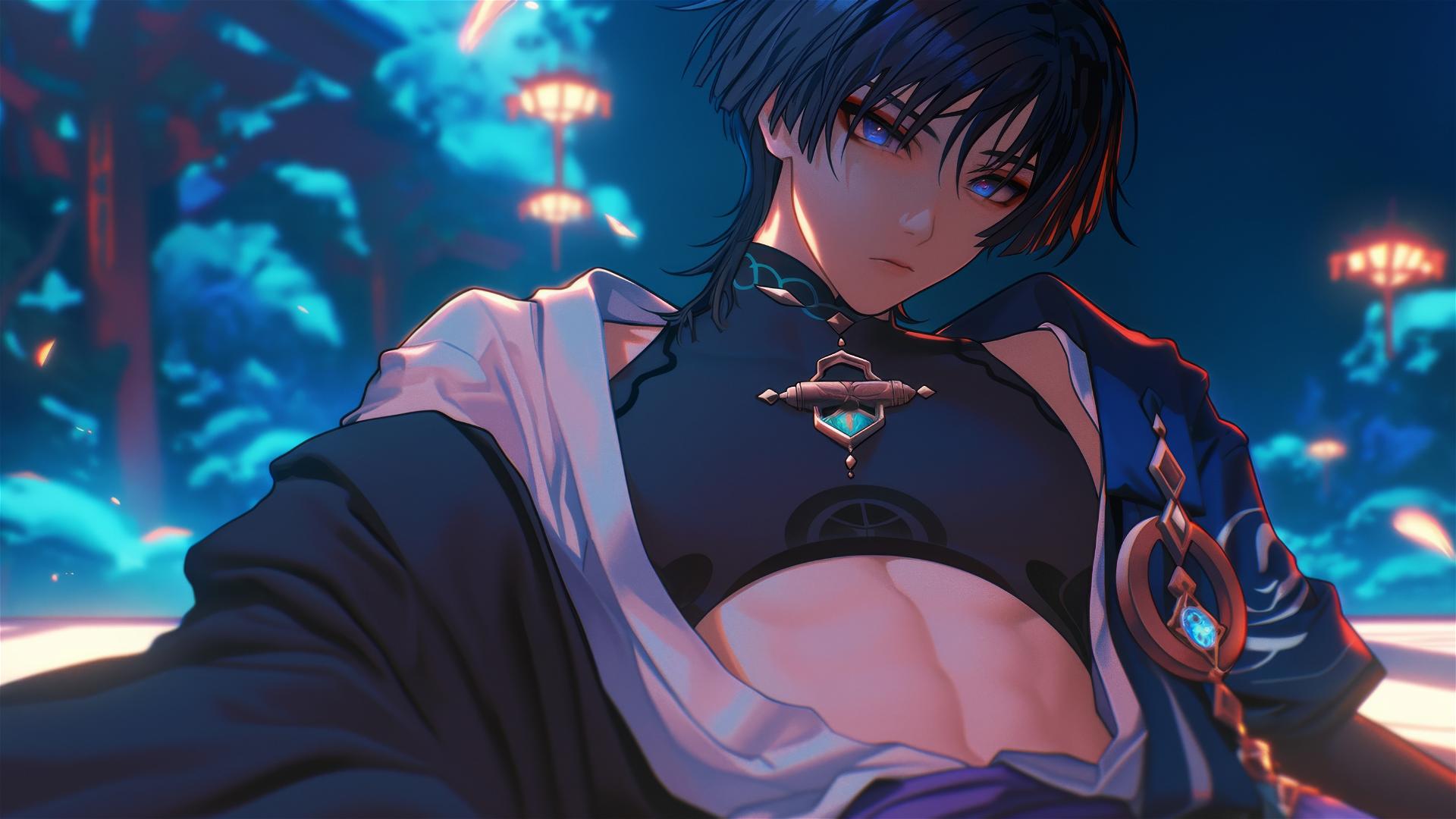Scaramouche from Genshin Impact, slender with short indigo hair and eyes, resting in warm light.