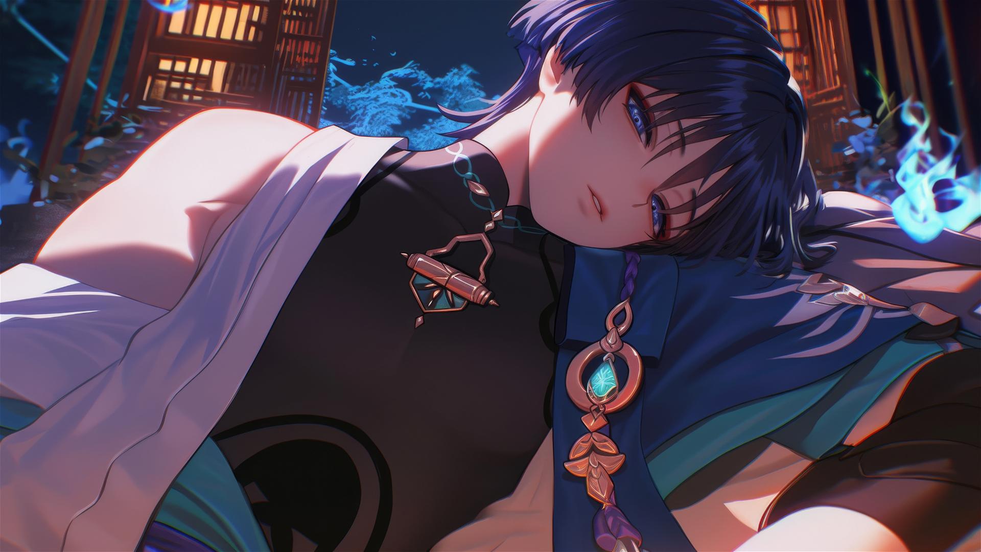 Scaramouche from Genshin Impact resting in warm light, short indigo hair, bold eyeliner