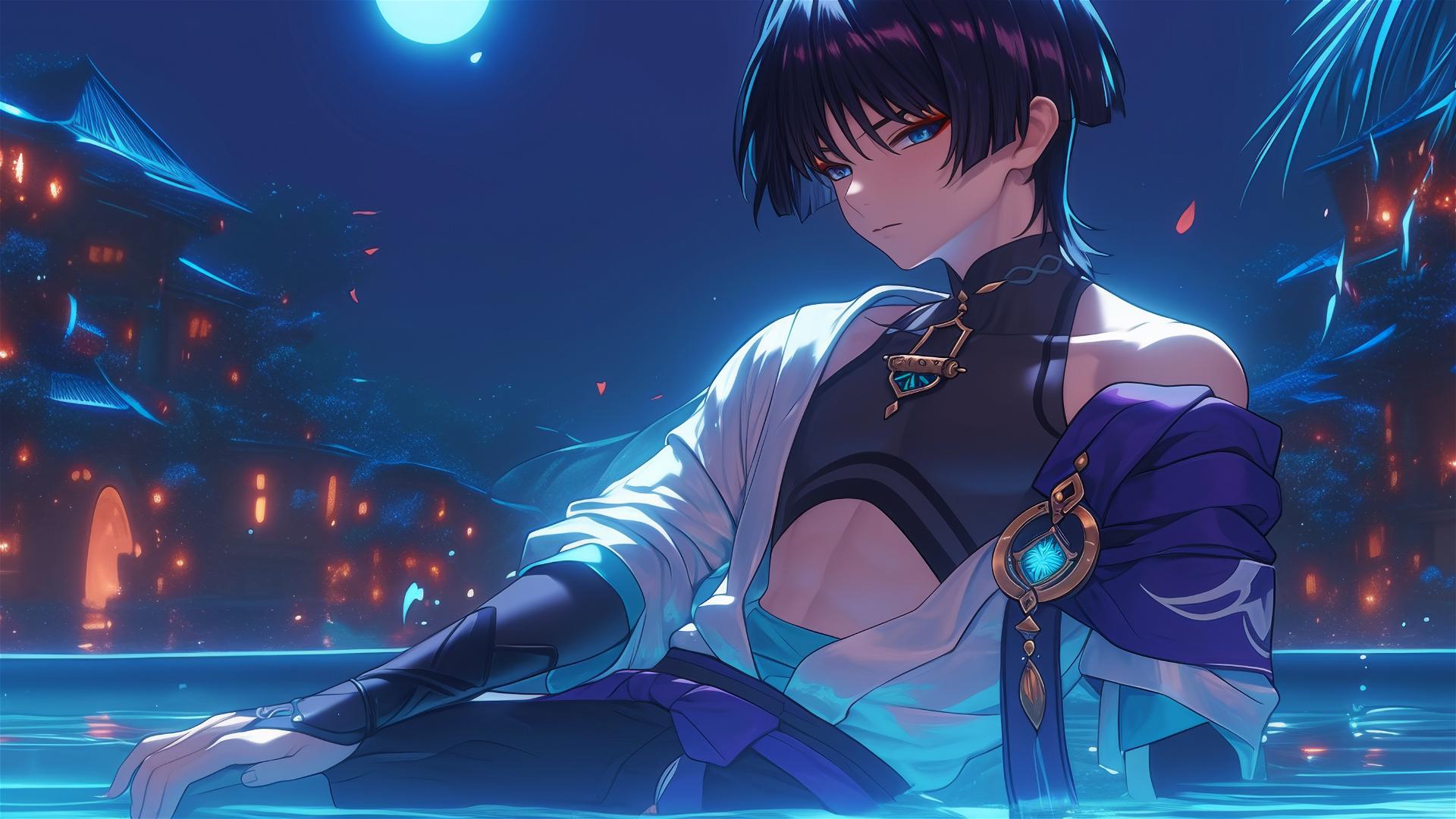 Scaramouche from Genshin Impact resting in rainy swimming pool, illuminated by moonlight