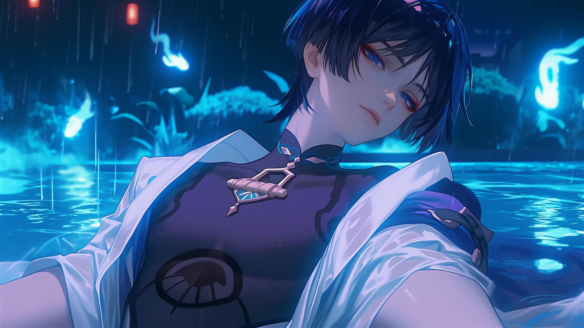 Scaramouche from Genshin Impact with short indigo hair and bold eyeliner resting in a rainy swimming pool under moonlight.