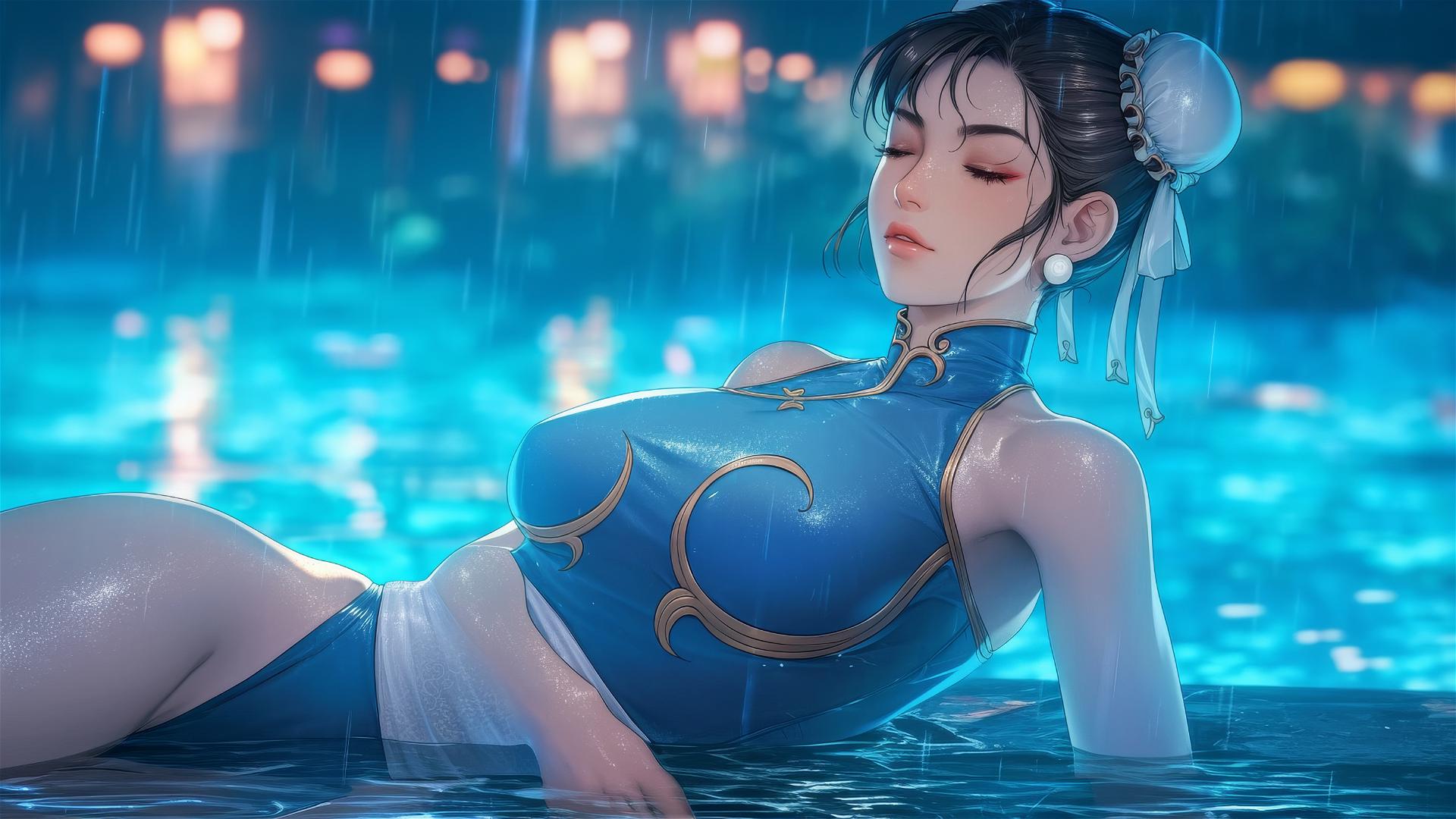 Chun Li rests by a rainy swimming pool under moonlight